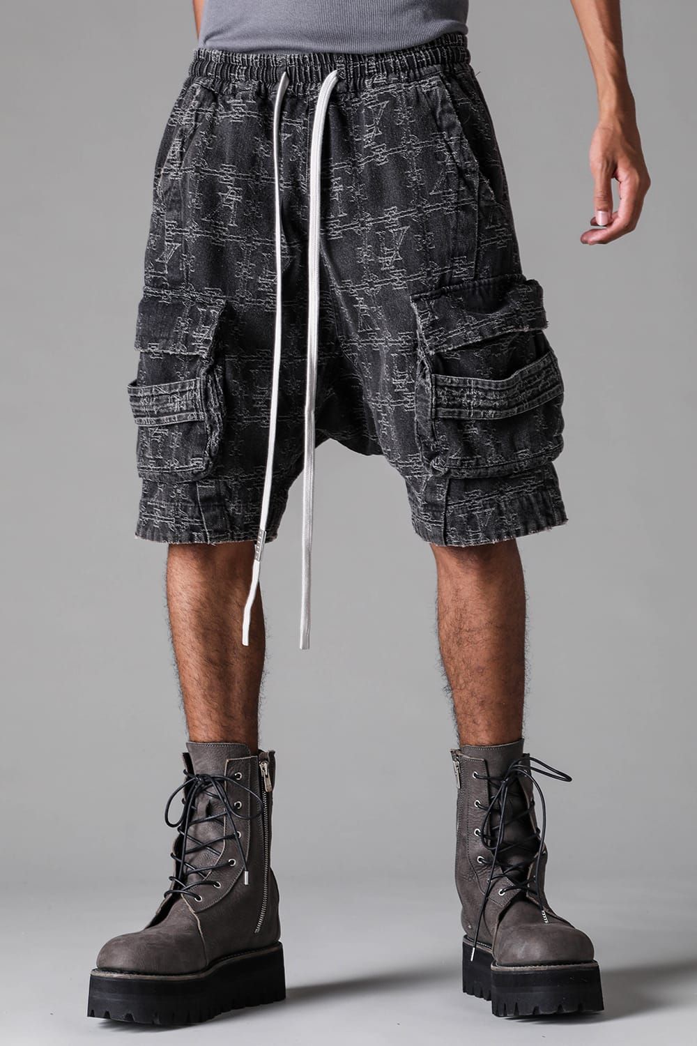 《2027SS先行予約》Jacgurd Denim Sarrouel Shorts "Black / Blue" / ジャガードデニムサルエルショーツ"ブラック/ブルー"