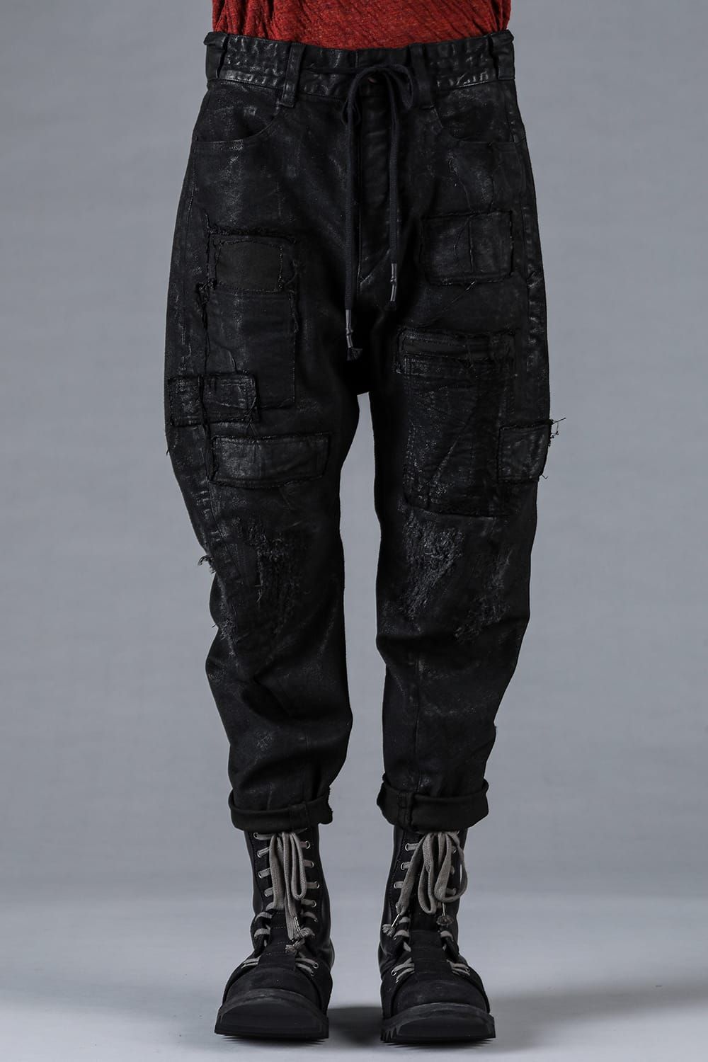 Product Coating Stretch Denim Damage Repair Cropped Pants “Black / 製品コーティングストレッチデニムダメージリペアクロップドパンツ"ブラック"