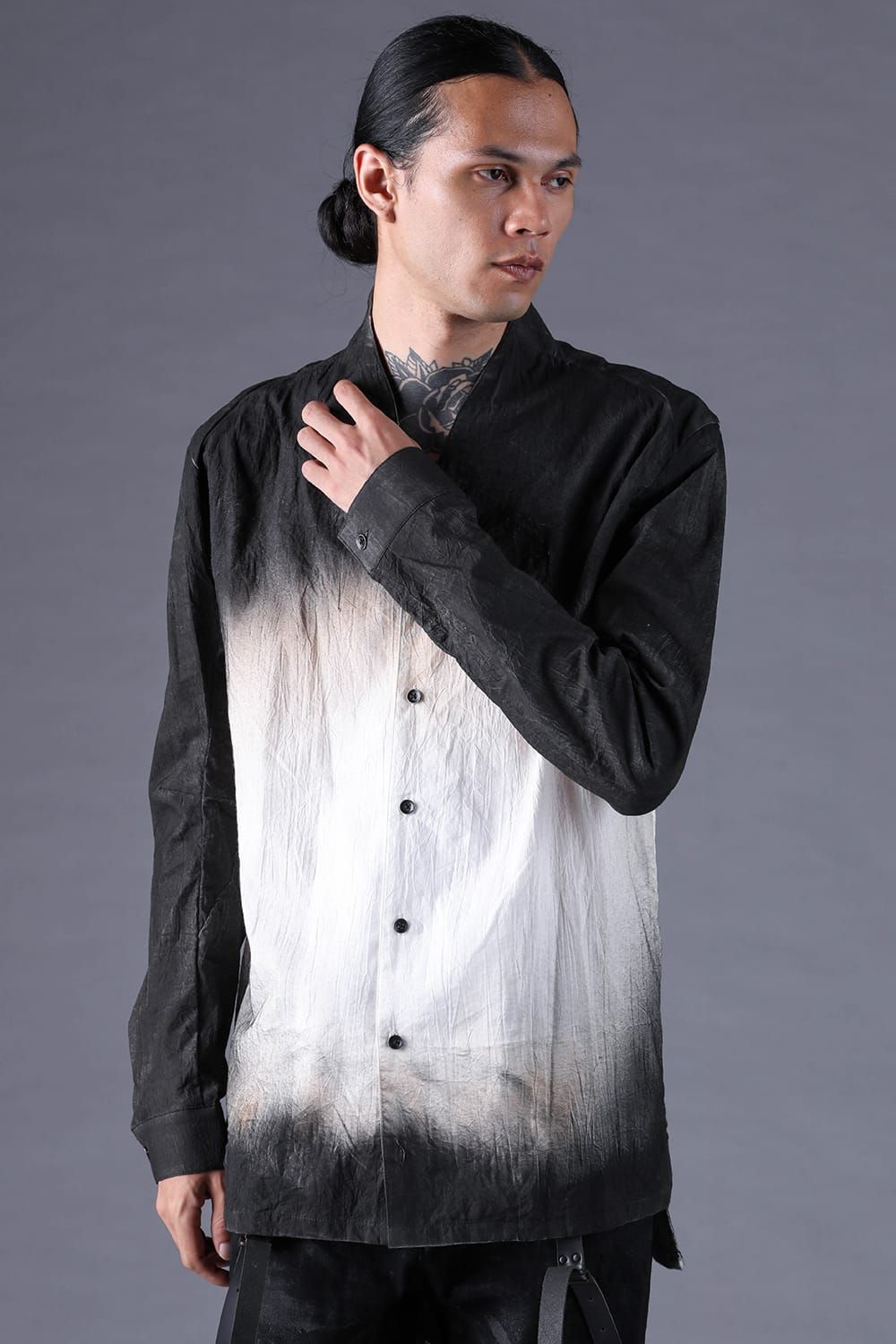 《2027SS先行予約分》Washer Loan Gradation Shawl-Collar Long Sleeve Shirt"Black" / ワッシャーローングラデーションショールカラーロングスリーブシャツ"ブラック"