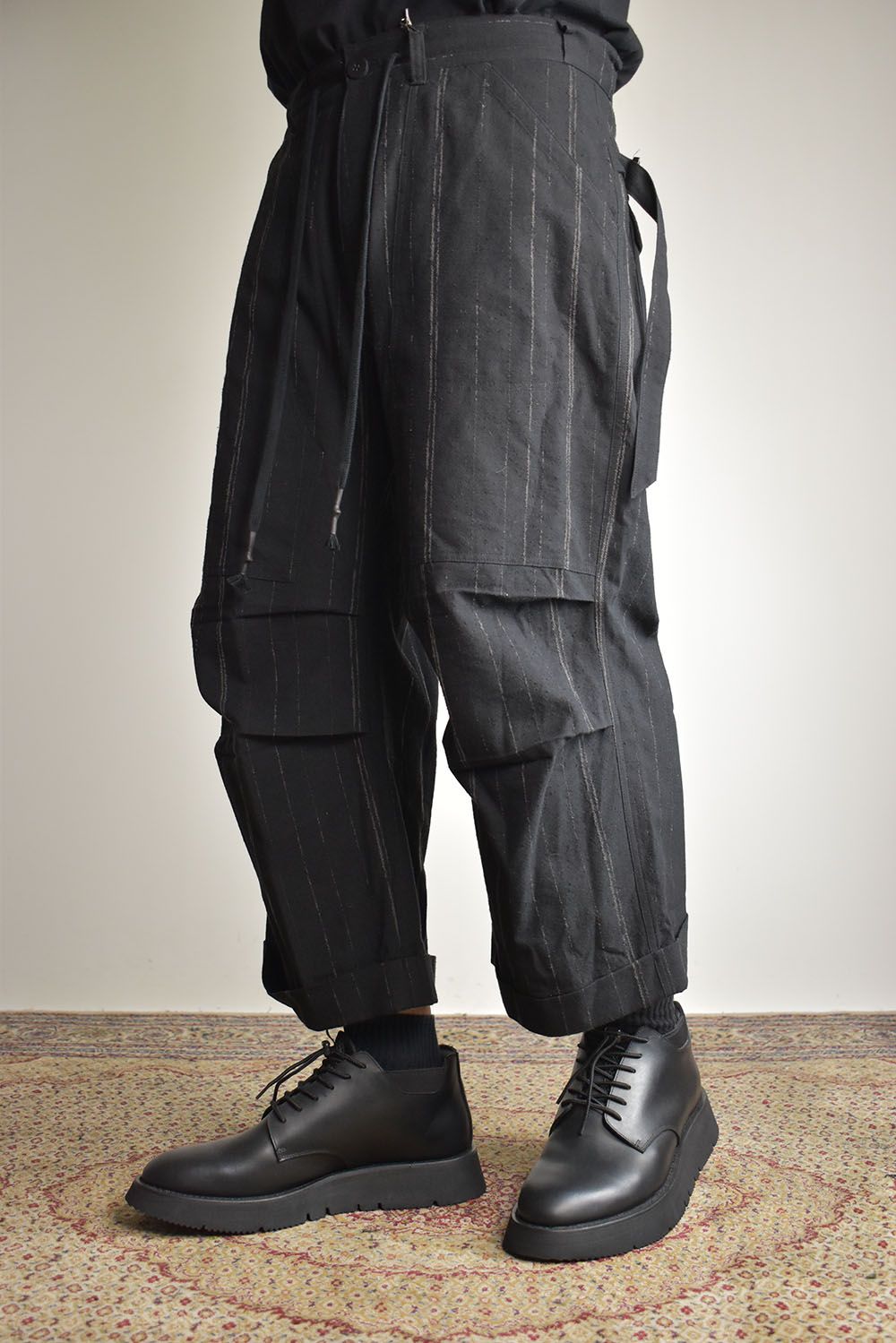 Faded Random Stripe Wide Cropped Pants"Black" / フェードランダムストライプワイドクロップドパンツ"ブラック"