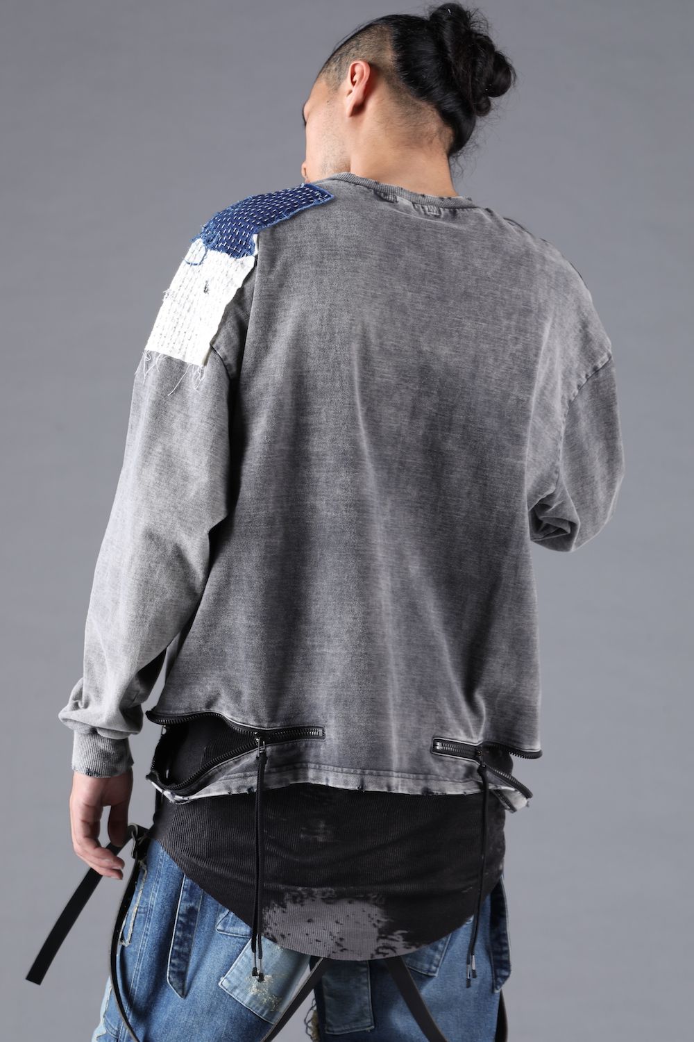 Damage Patch Open High Gauge Long Sleeve Tee"Charcoal" ダメージパッチジップオープンハイゲージロングスリーブTシャツ"チャコール"