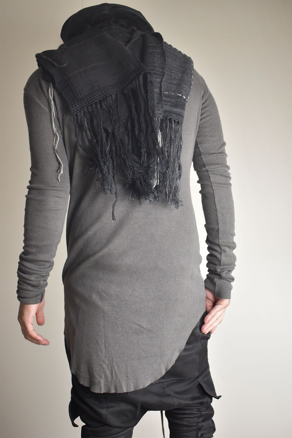 Cotton Cashmere Crust Patch Knit Long Stole "Charcoal x Black" / コットンカシミヤクラストパッチニットロングストール"チャコール×ブラック"
