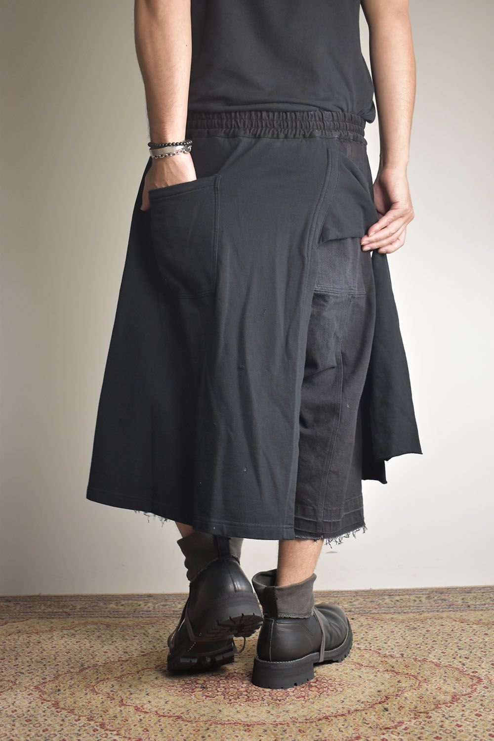 Stretch Denim Distressed Apron Wide Cropped Pants "Black" / ストレッチデニムダメージエプロンワイドクロップドパンツ"ブラック"