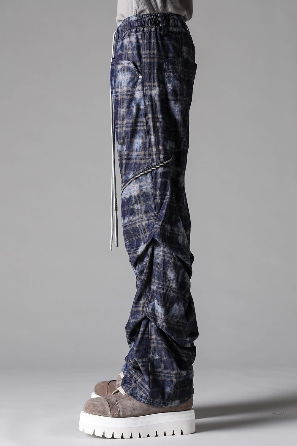《2027SS先行予約》Check Side Zip Tuck Baggy Pants"Navy Check" / チェックサイドジップタックバギーパンツ"ネイビーチェック"