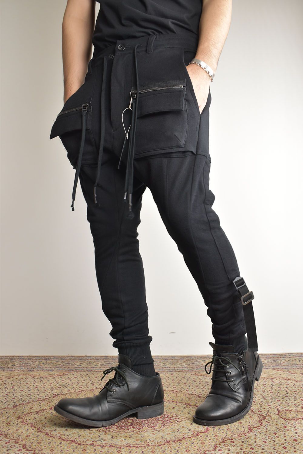 Non-ply Yarn Lined Belt Adjustable Crotch Jog Pants "Black" / 無撚糸裏毛ベルトアジャストロークロッチジョグパンツ"ブラック"