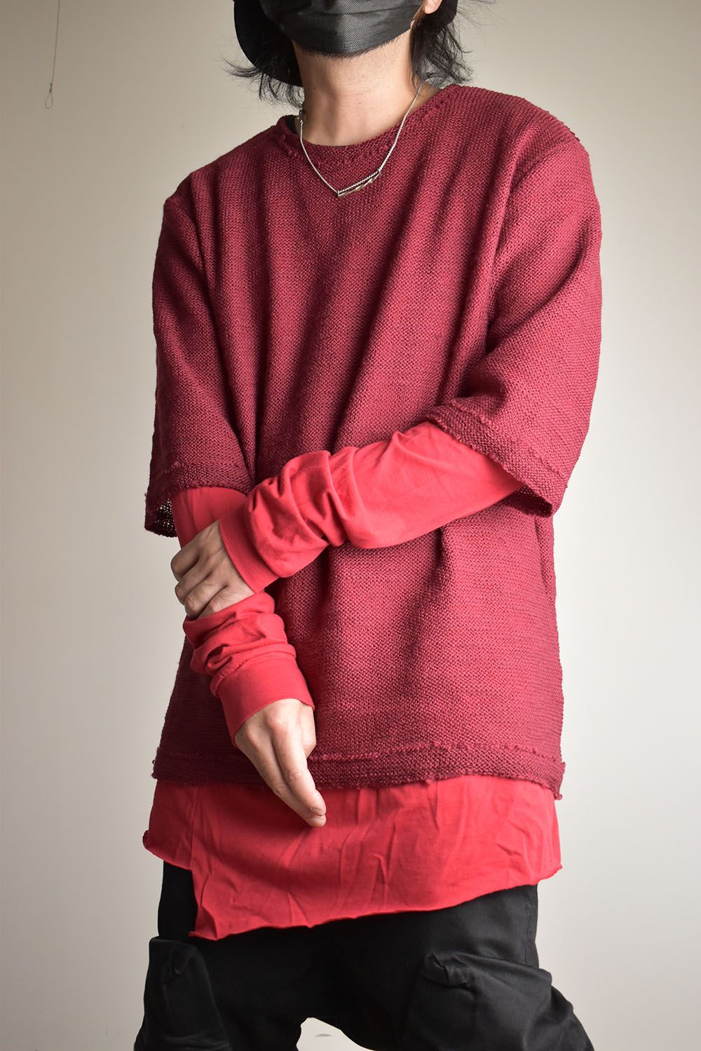 Low Gauge Knit and Cotton Jersey Layered T-Shirt "Red" / ローゲージニット×コットンジャージレイヤードTシャツ"レッド"