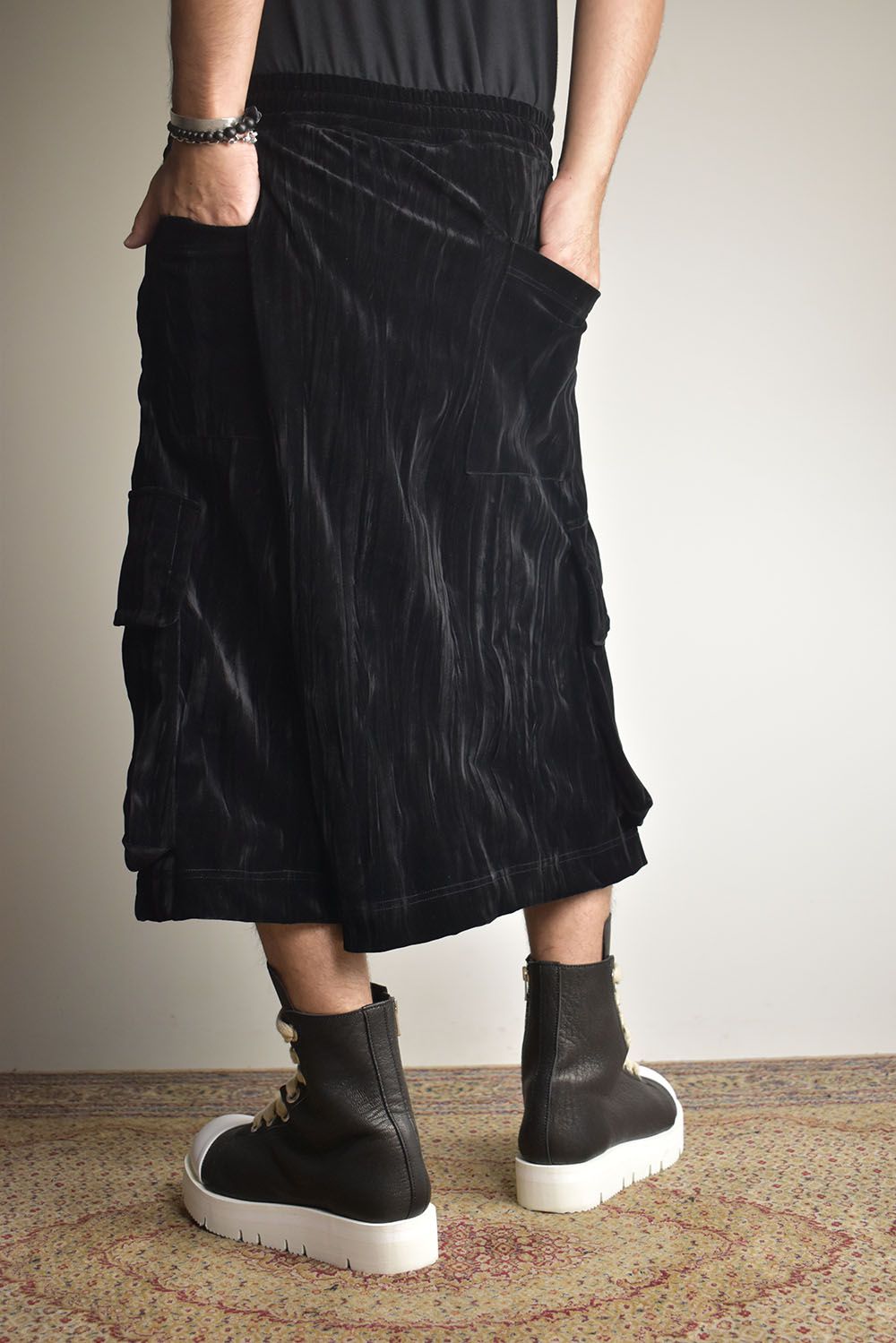 Washer Velour Wrap Skirt Pants"Black" / ワッシャーベロアラップスカートパンツ"ブラック"