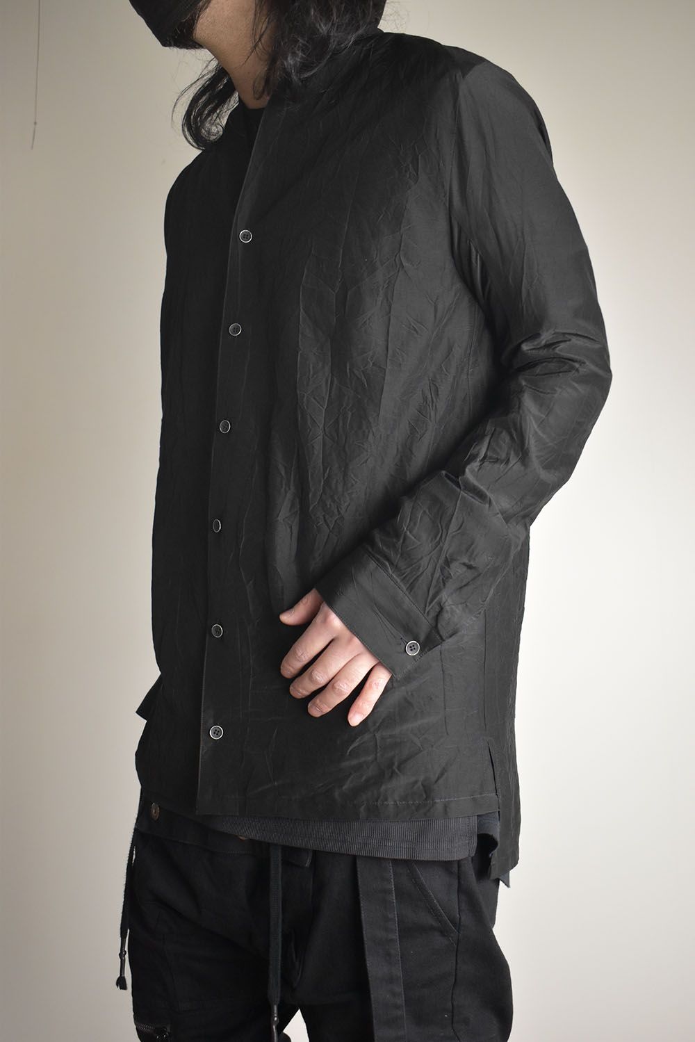 Silk Cotton Washer Shawl Collar Shirt"Black" / シルクコットンワッシャーショールカラーシャツ"ブラック"