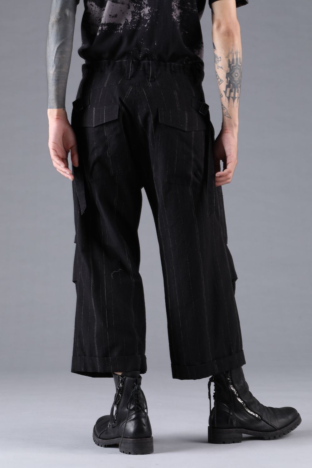 Faded Random Stripe Wide Cropped Pants"Black" / フェードランダムストライプワイドクロップドパンツ"ブラック"