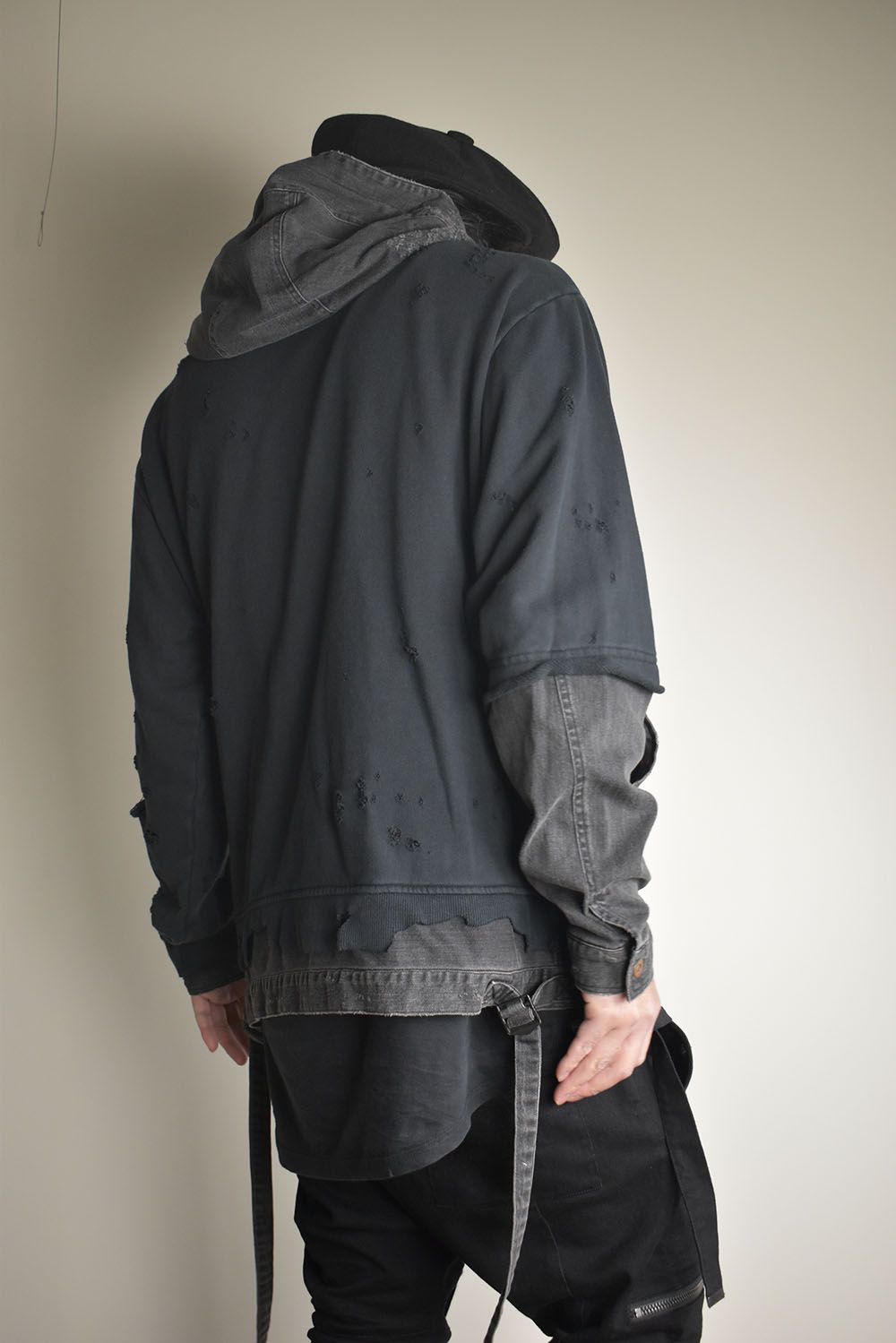 Denim Combination Non-Twisted Yarn Lined Oversized Pullover Hoodie"Black" / デニムコンビネーション無撚糸裏毛オーバーサイズプルオーバーフーディー"ブラック"