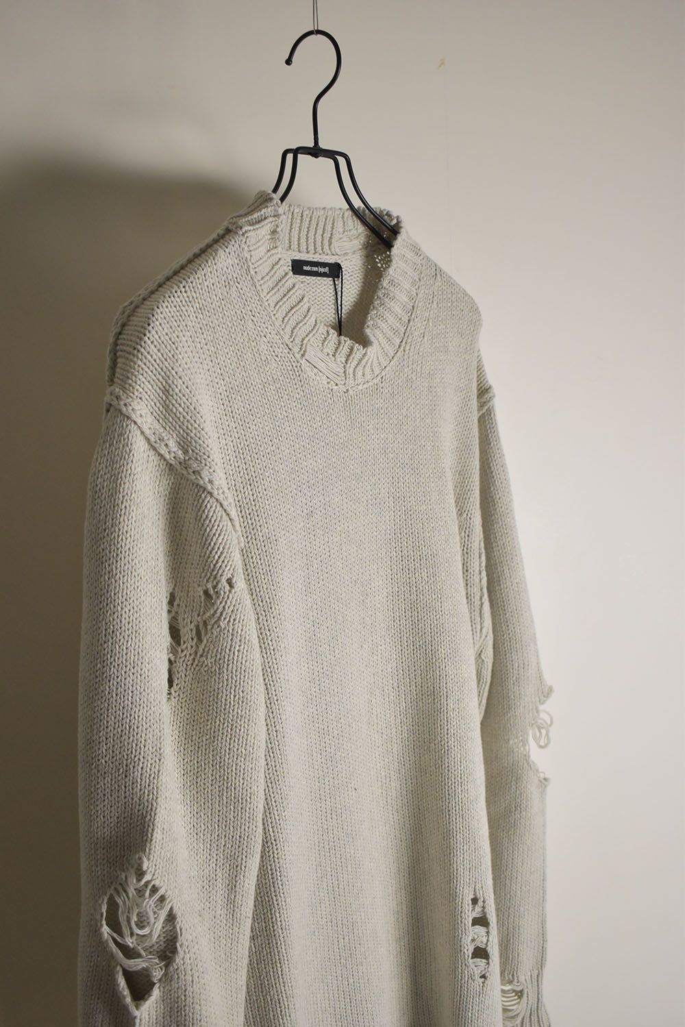 Cotton 3GG Damaged Knit Pullover"Light Grey" / コットン 3GG ダメージニットプルオーバー"ライトグレー"