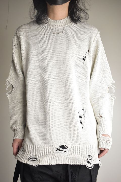 Cotton 3GG Damaged Knit Pullover"Light Grey" / コットン 3GG ダメージニットプルオーバー"ライトグレー"