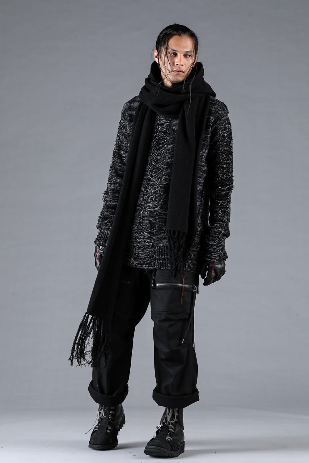 Merino Wool Knit Hooded Long Scarf “Black" / メリノウールニットフードロングマフラー"ブラック"