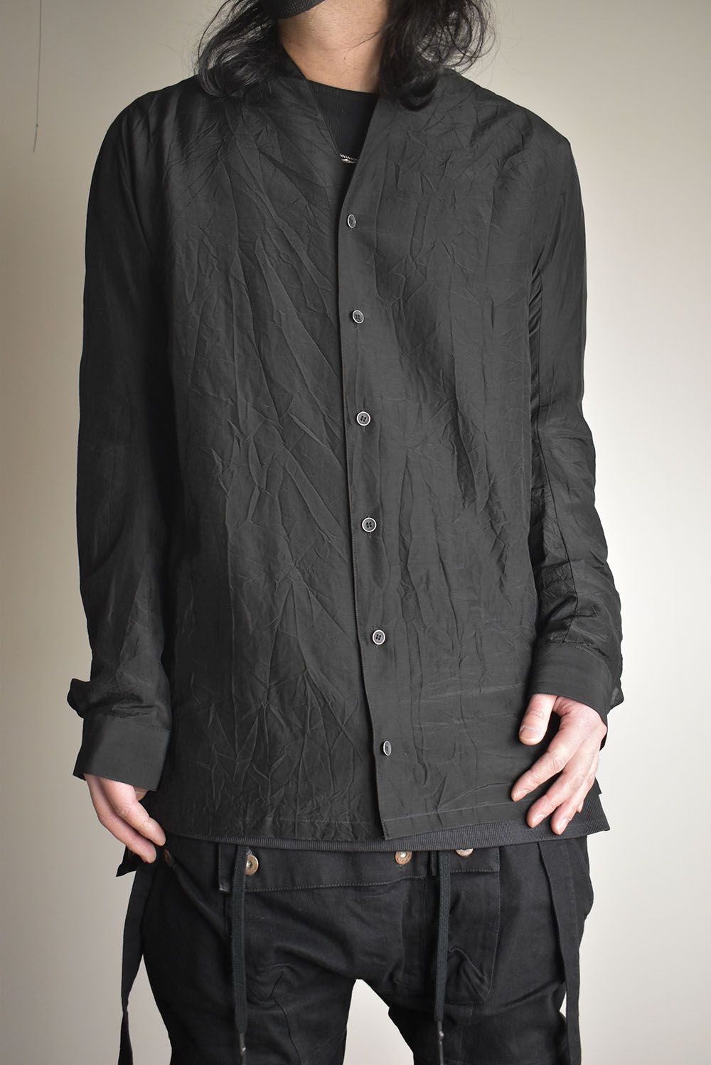 Silk Cotton Washer Shawl Collar Shirt"Black" / シルクコットンワッシャーショールカラーシャツ"ブラック"