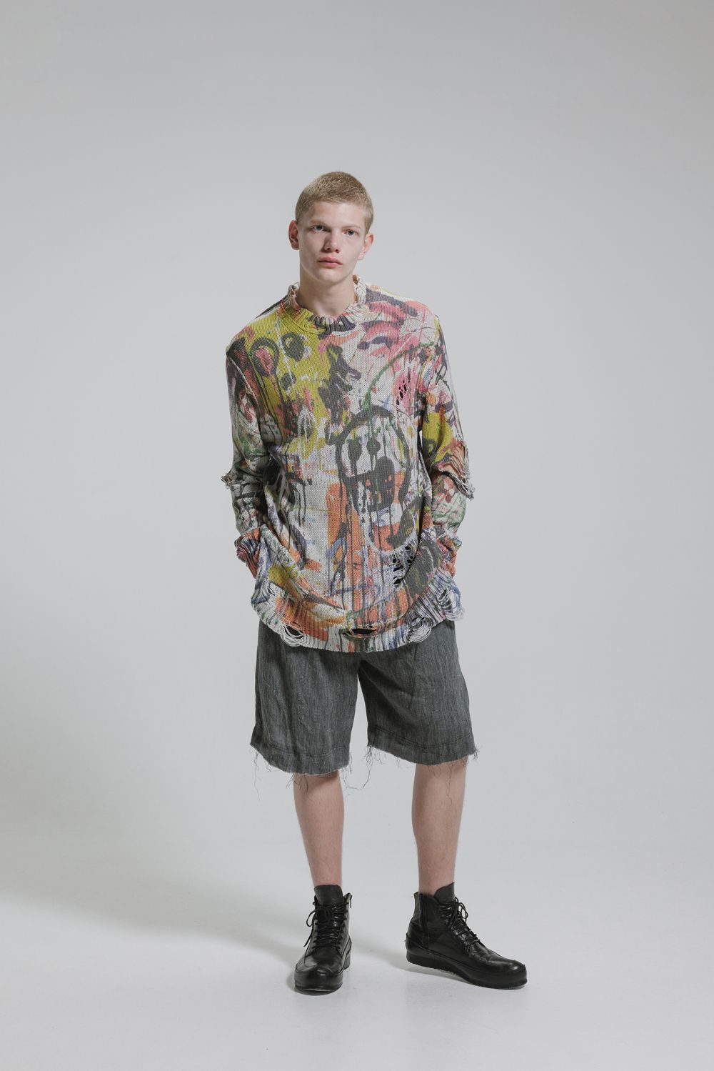 Inkjet Print Cotton 3GG Damaged Knit PulloVer"Color Print" / インクジェットプリント コットン 3GG ダメージニットプルオーバー "カラープリント"