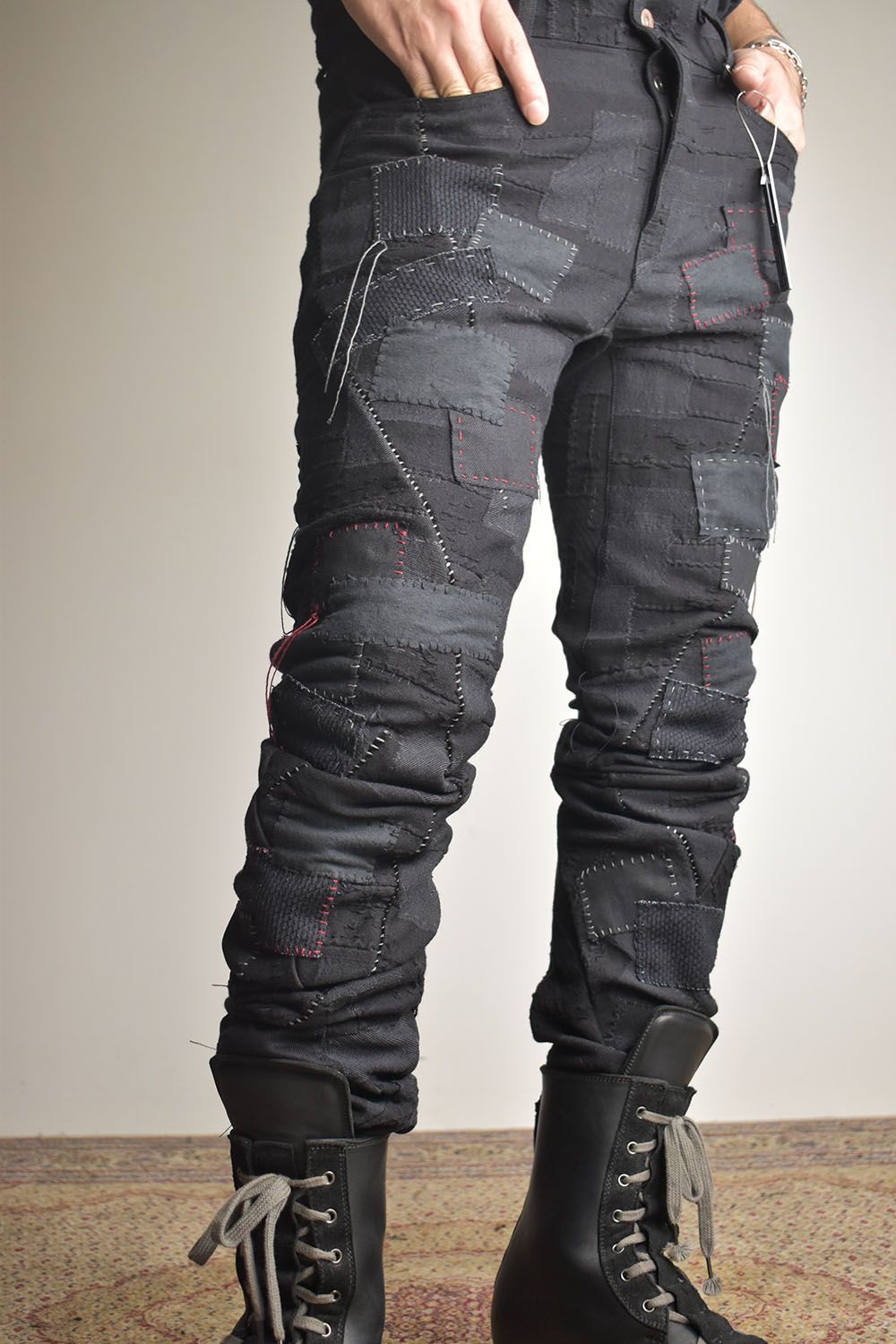 Hand Patchwork Crust Jacquard Overlock Twist Curve Pants "Black" / ハンドパッチワーククラストジャガードオーバーロックツイストカーブパンツ"ブラック"