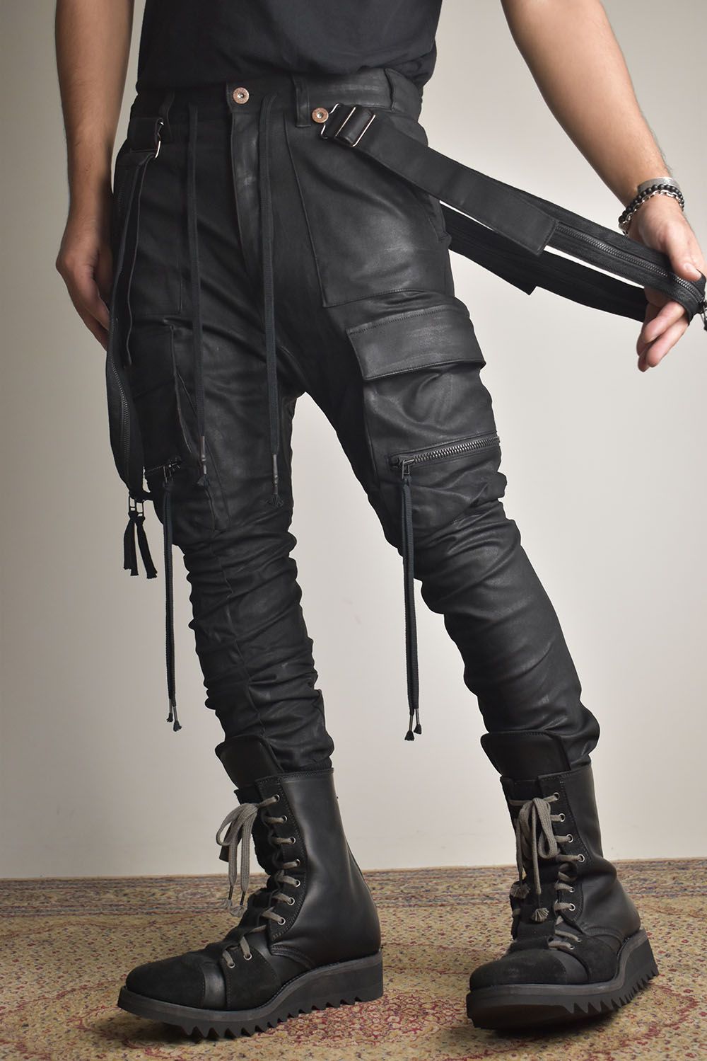 Product Coated Suspenders Cargo Jog Pants "Black" / 製品コーティングサスペンダーベルトカーゴジョグパンツ"ブラック"