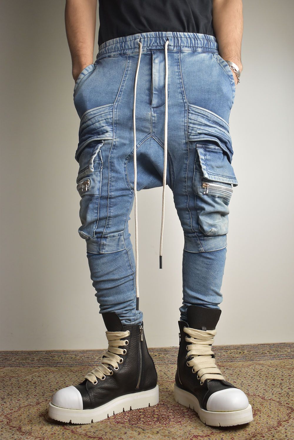 Denim Cargo Sarouel Skinny"Damage Black/Indigo Blue"/デニムカーゴサルエルスキニー"ダメージブラック/インディゴブルー"