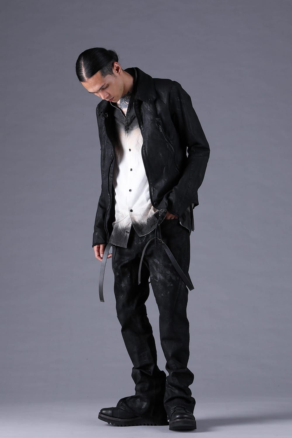 《2027SS先行予約分》Product Coated Stretch Denim Flared Slim Pants"Black" / 製品コーティングストレッチデニムフレアスリムパンツ"ブラック"