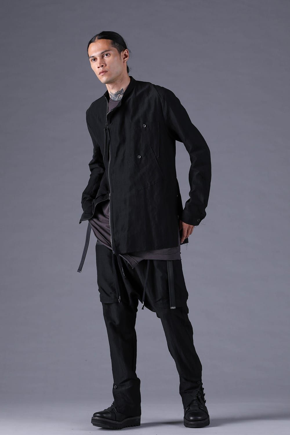 《2027SS先行予約分》Scarf-Stripe Jacquard Band-Collar Shirt"Black" / スカーストライプジャガードバンドカラーシャツ "ブラック"