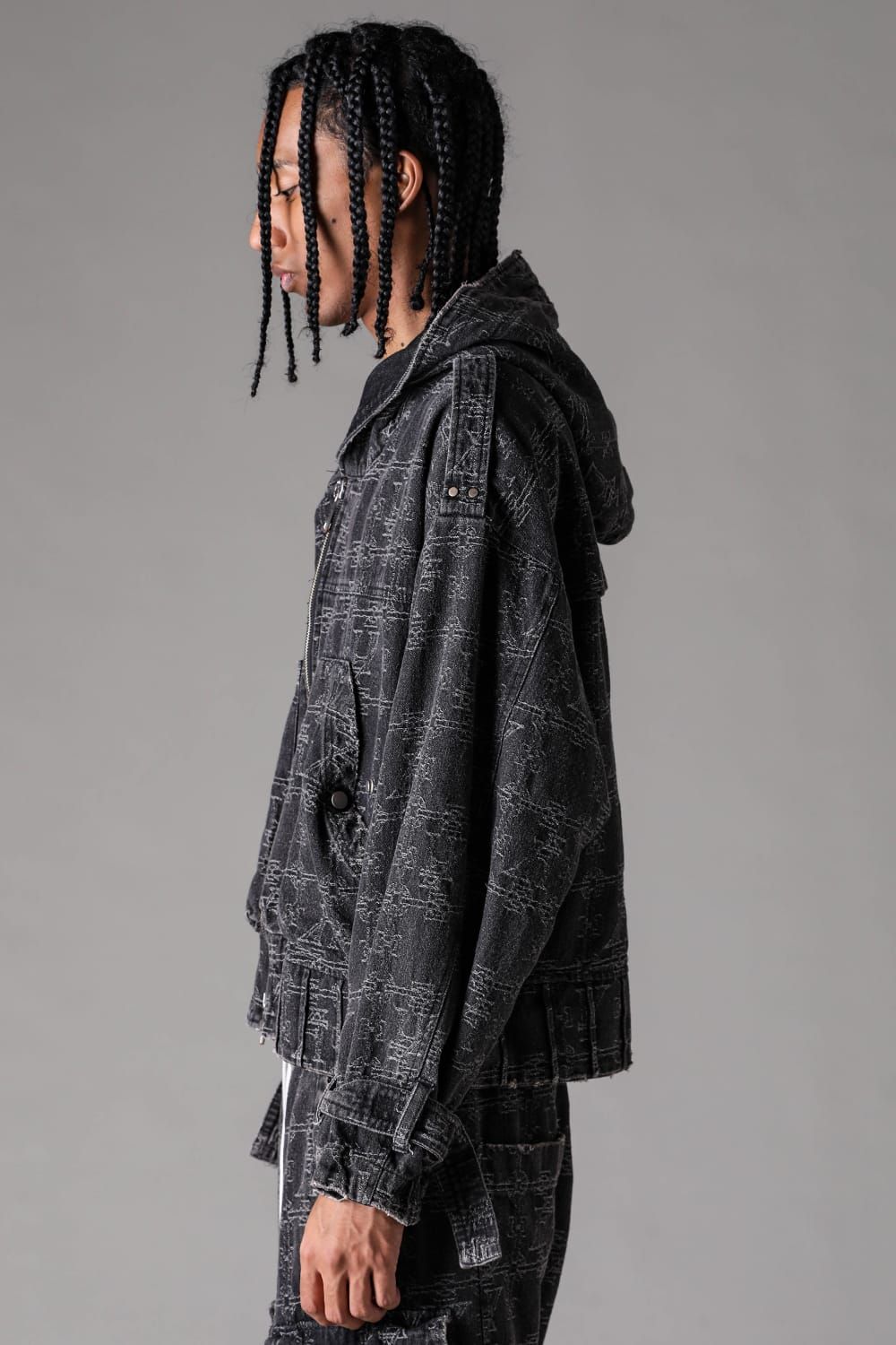 《2027SS先行予約》Jacgurd Denim Hoodie Blouson "Black / Blue" / ジャガードデニムフーディブルゾン"ブラック/ブルー"