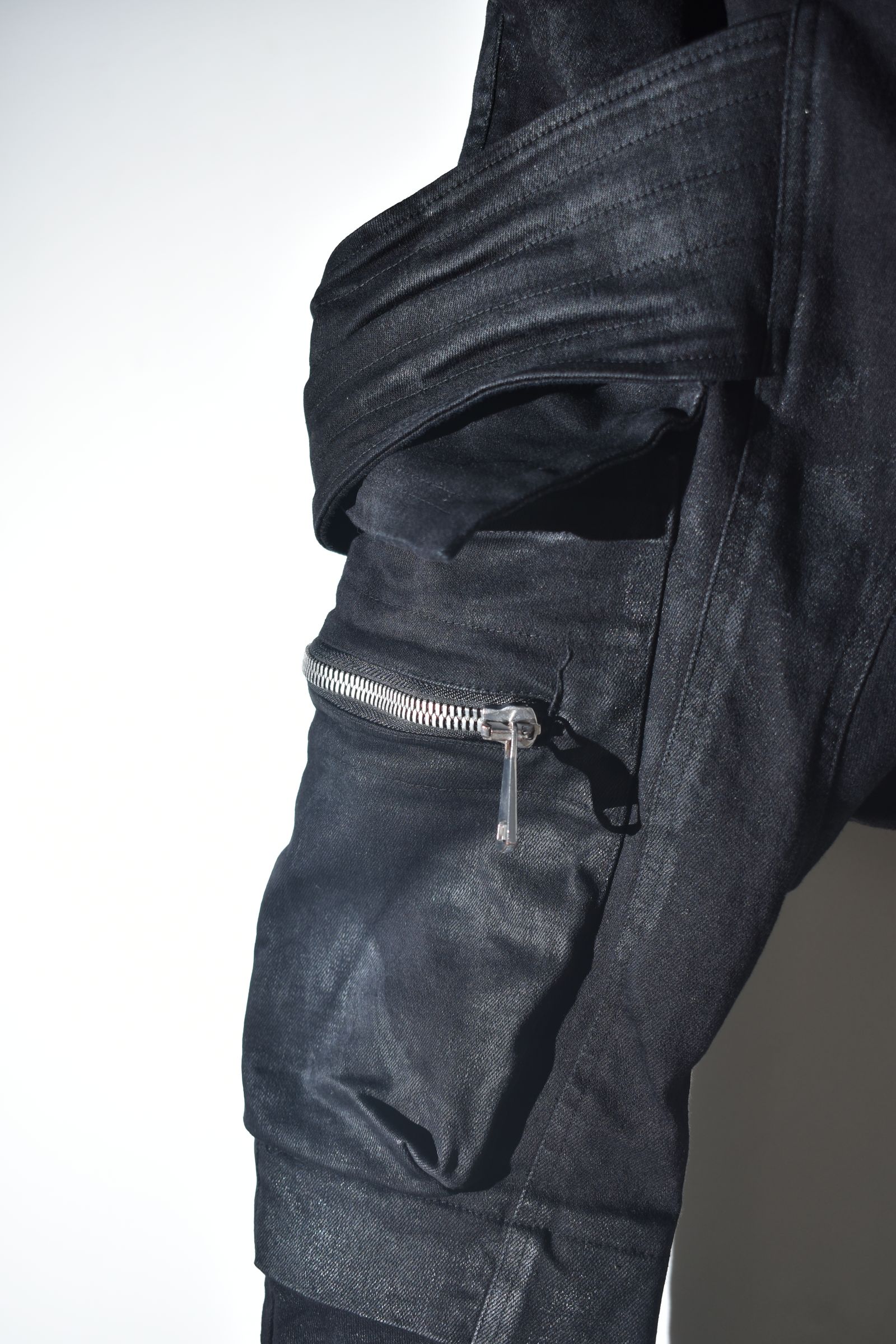 Strtch Denim Coatiing Cargo Sarouel Skinny"Black" / ストレッチデニムコーティングカーゴサルエルスキニー"ブラック"