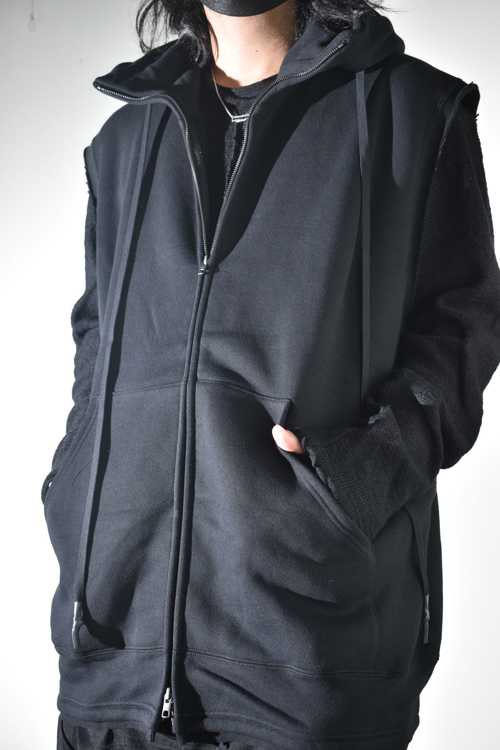 Over Size Sleeve Less Zip Up Parker"Black" / オーバーサイズスリーブレスジップアップパーカー"ブラック"