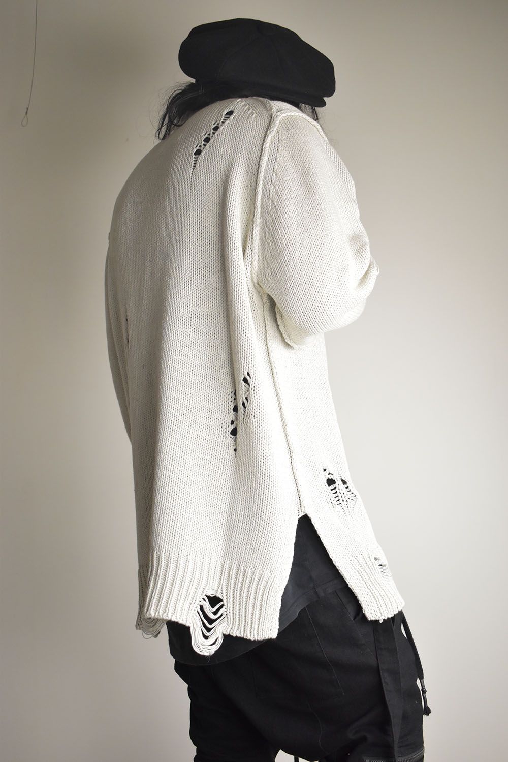 Cotton 3GG Damaged Knit Pullover"Light Grey" / コットン 3GG ダメージニットプルオーバー"ライトグレー"