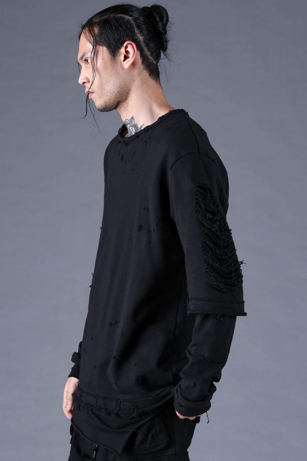 Sweat Shotgun Damage Layered Tee"Black" / 裏毛ショットガンダメージレイヤードTee"ブラック"