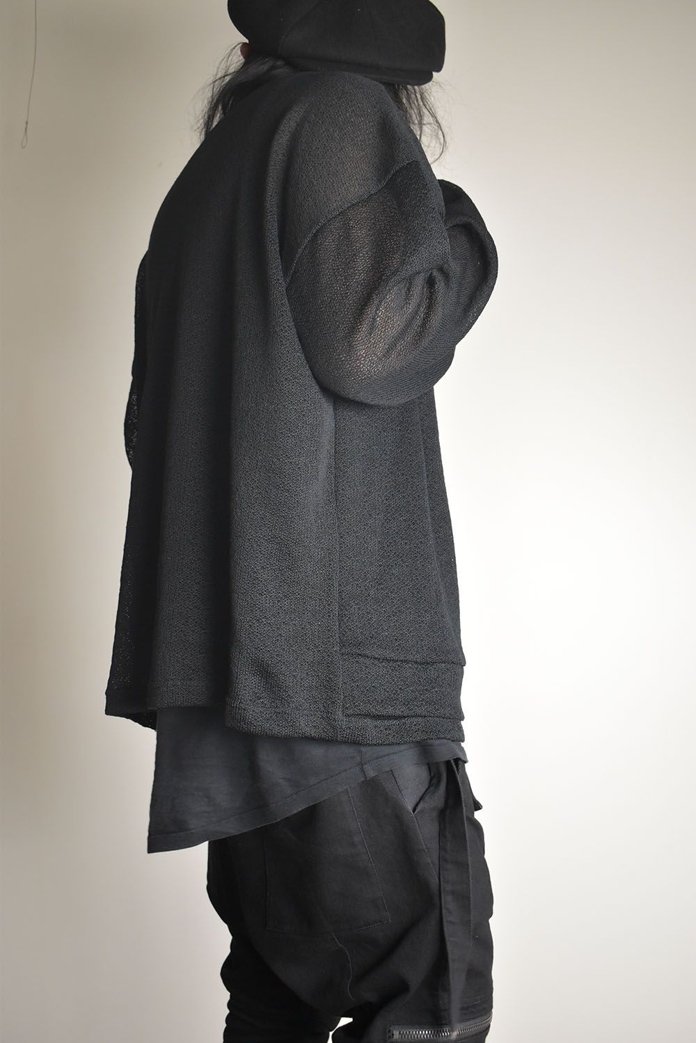 Cotton Low Gauge Knit Cardigan Layered Pullover"Black" / コットンローゲージニットカーディガンレイヤードプルオーバー"ブラック"