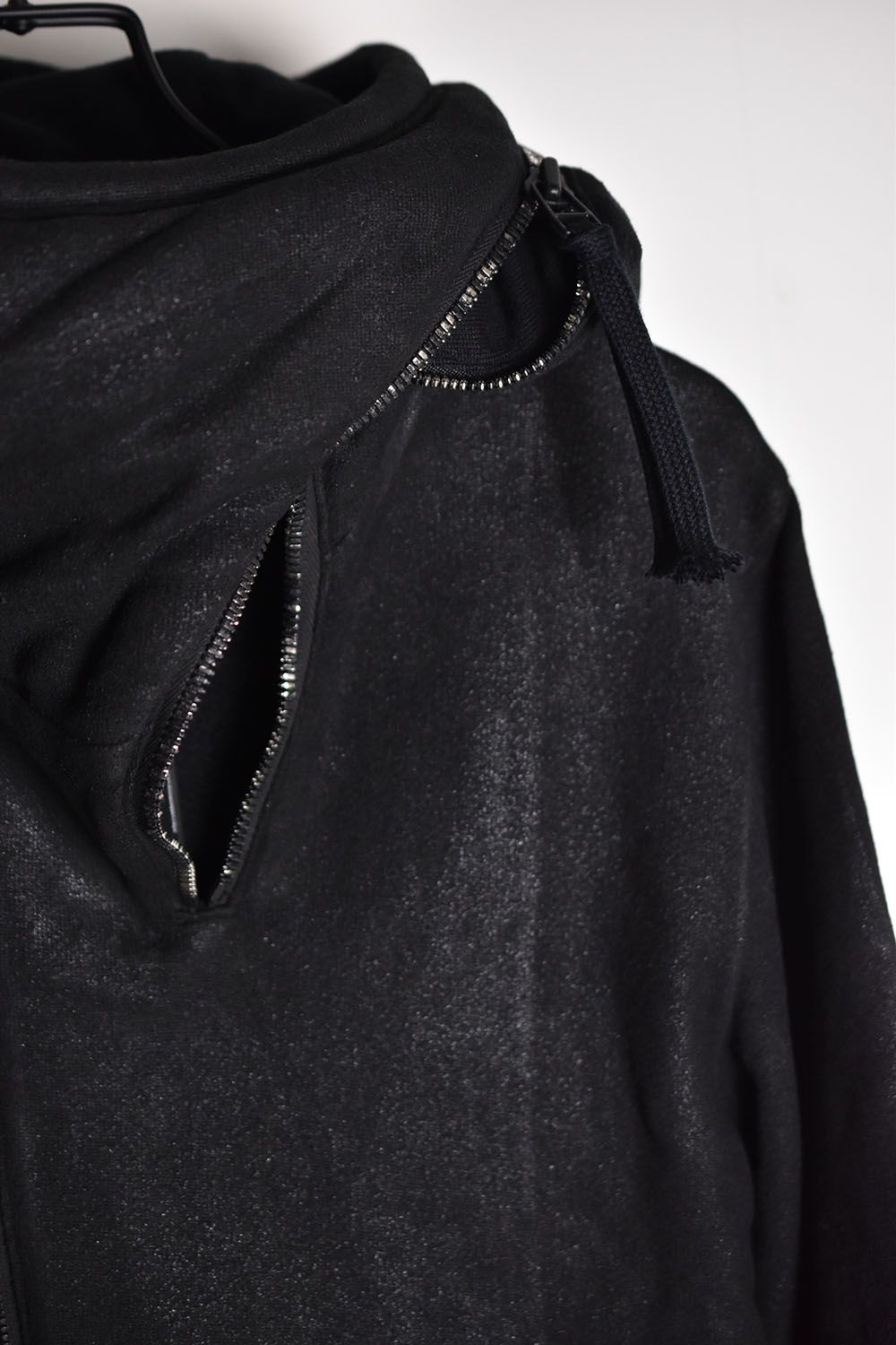 Coating Double Zip Hooded Jacket"Black"/無撚糸裏毛コーティングダブルジップフーデッドジャケット"ブラック"