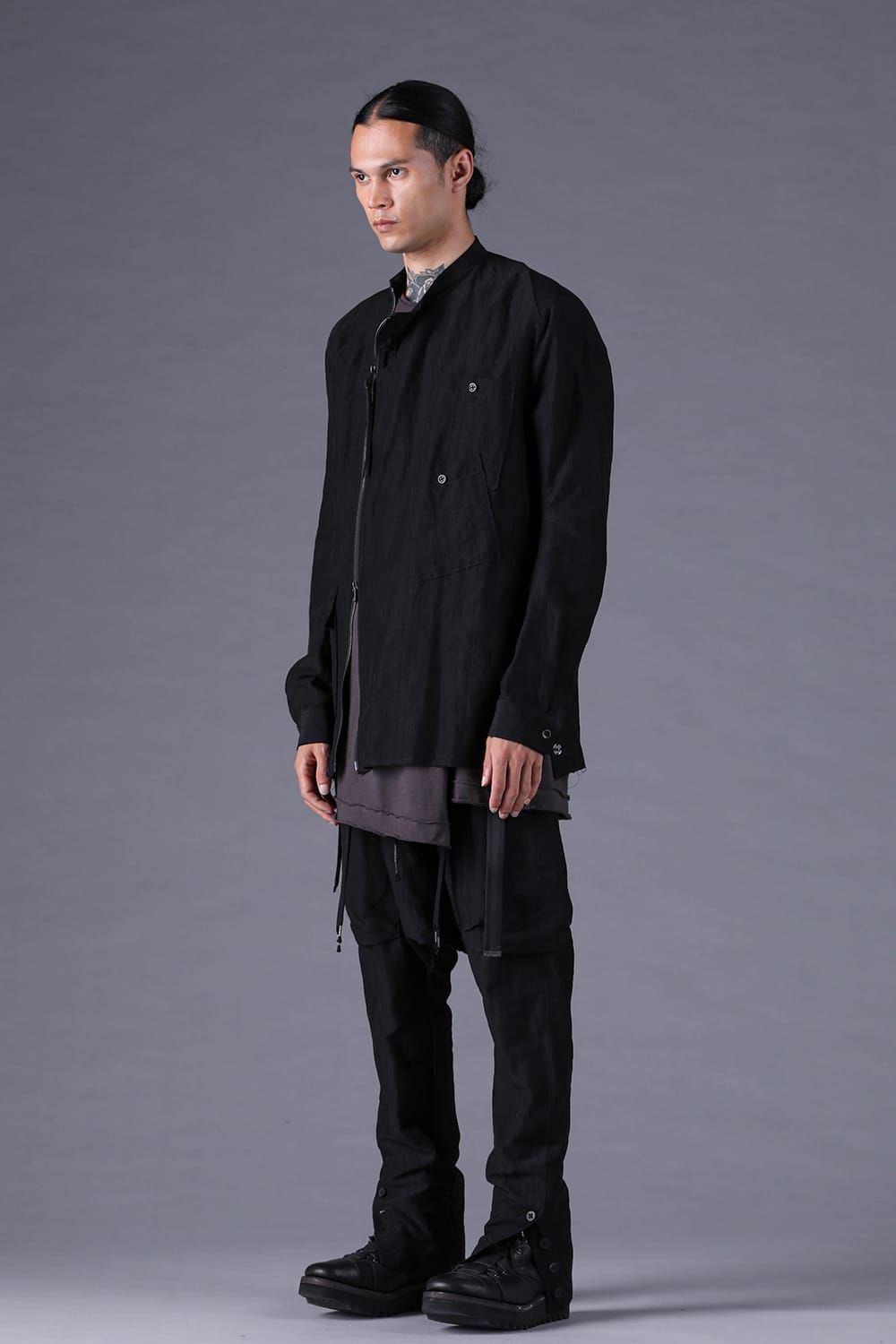 《2027SS先行予約分》Scarf-Stripe Jacquard Band-Collar Shirt"Black" / スカーストライプジャガードバンドカラーシャツ "ブラック"