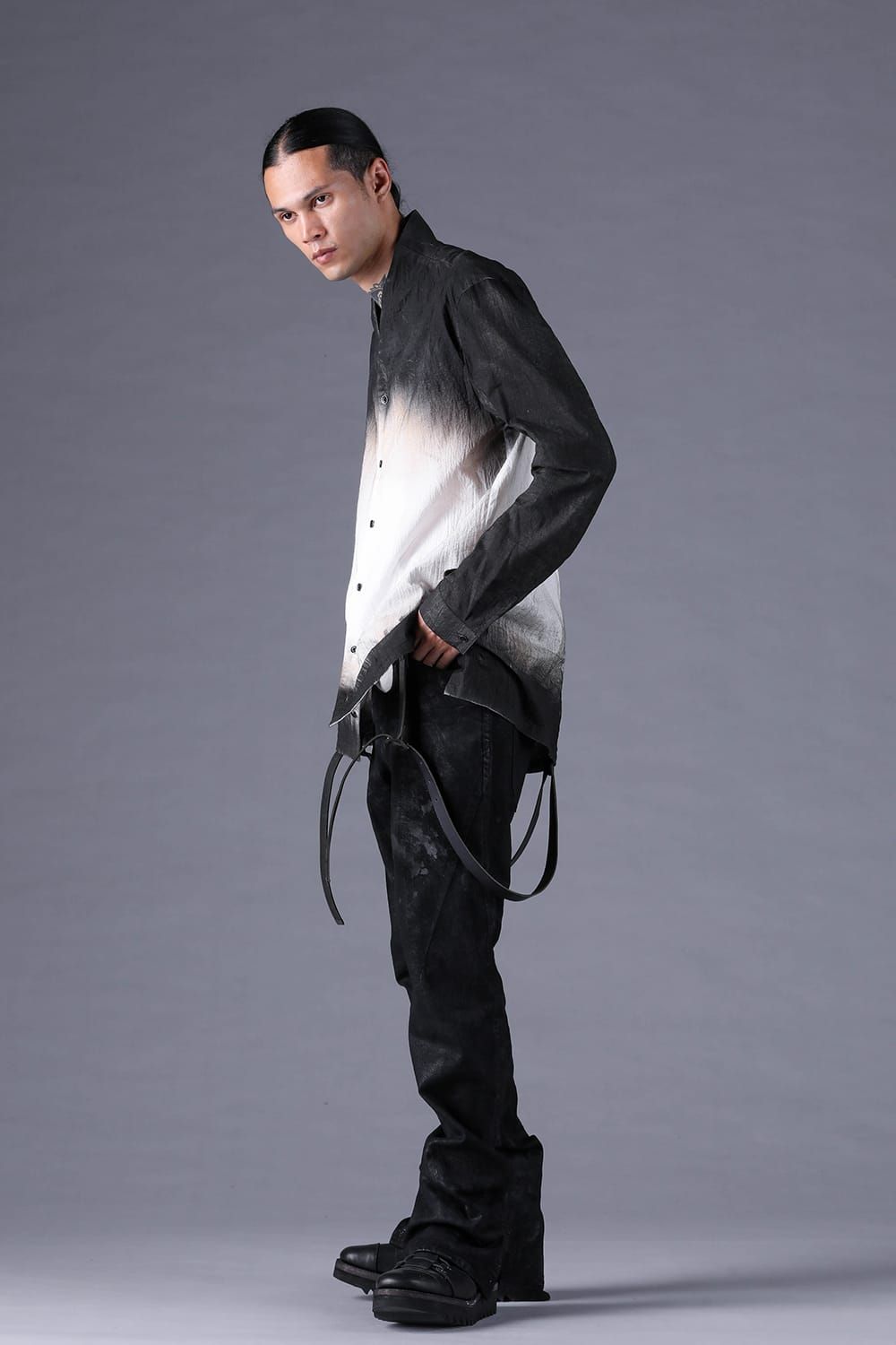 《2027SS先行予約分》Washer Loan Gradation Shawl-Collar Long Sleeve Shirt"Black" / ワッシャーローングラデーションショールカラーロングスリーブシャツ"ブラック"