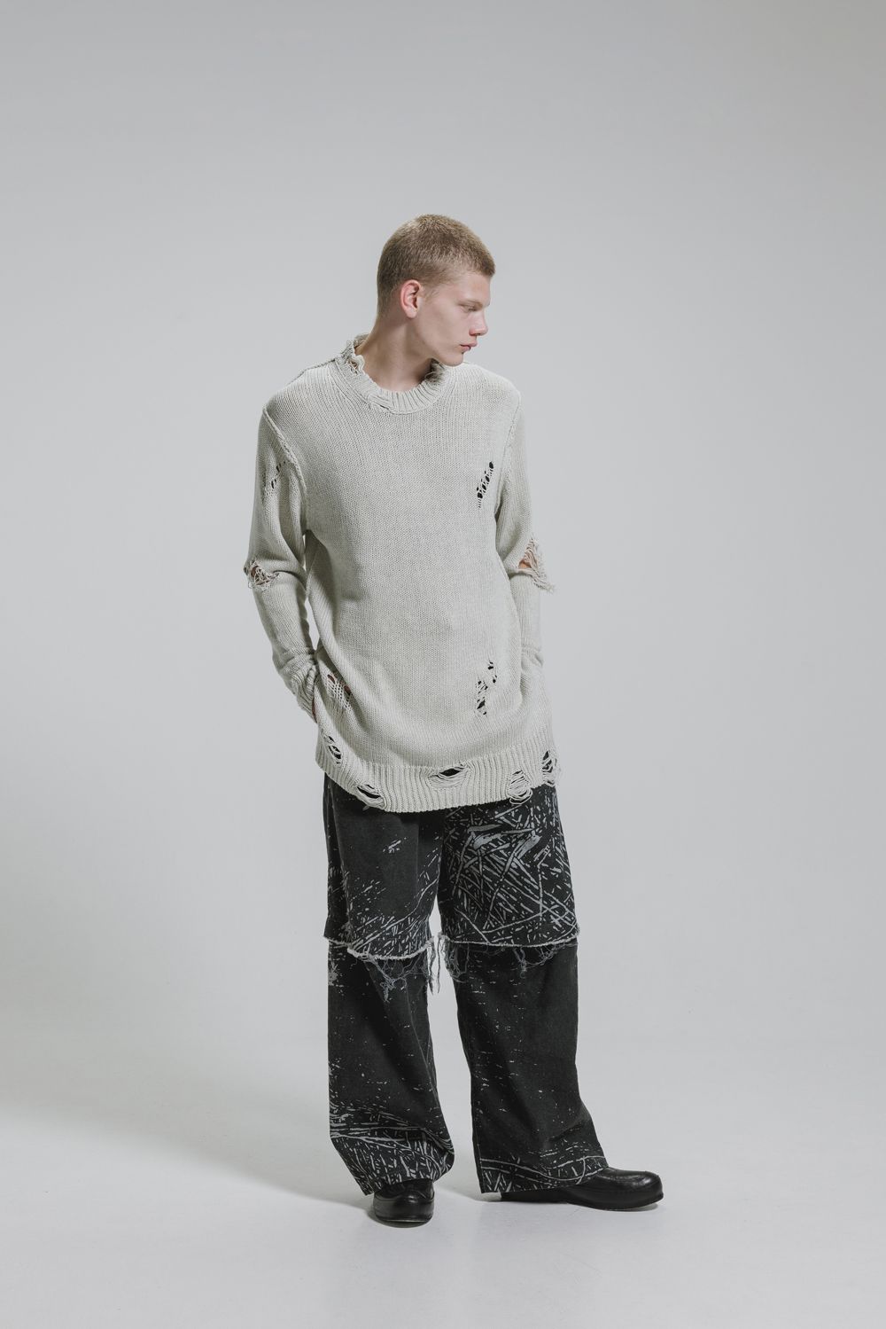 Cotton 3GG Damaged Knit Pullover"Light Grey" / コットン 3GG ダメージニットプルオーバー"ライトグレー"