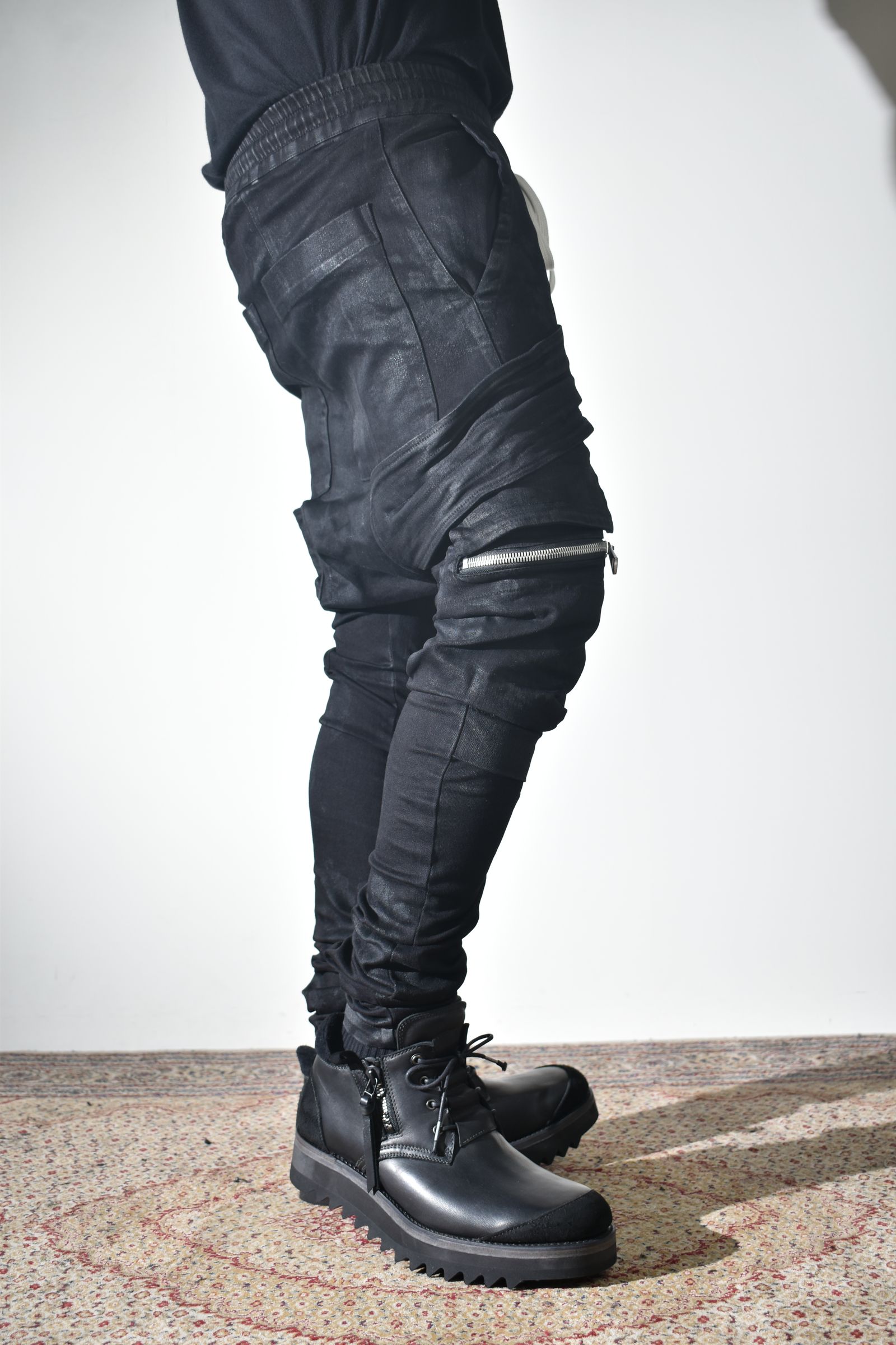 Strtch Denim Coatiing Cargo Sarouel Skinny"Black" / ストレッチデニムコーティングカーゴサルエルスキニー"ブラック"