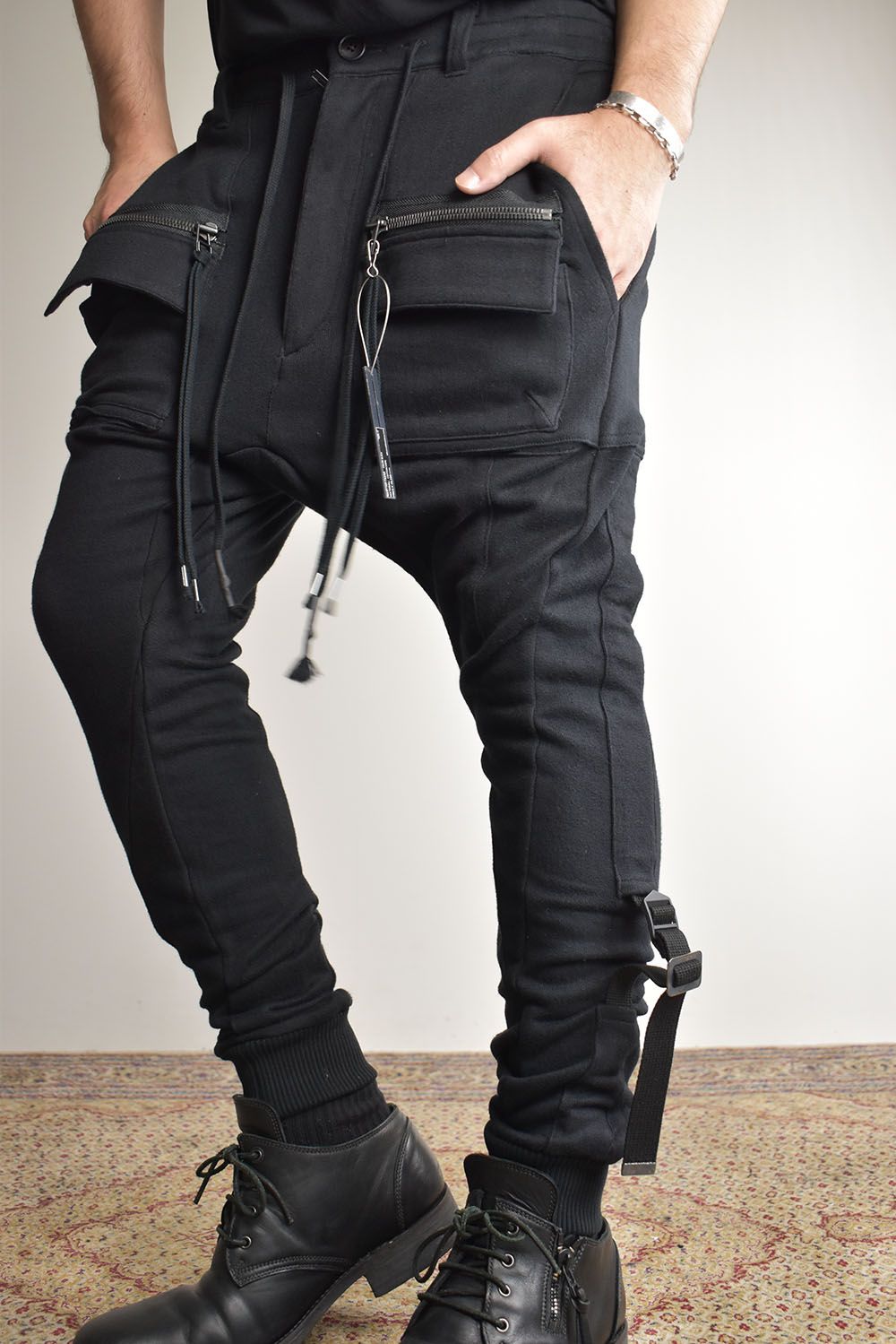 Non-ply Yarn Lined Belt Adjustable Crotch Jog Pants "Black" / 無撚糸裏毛ベルトアジャストロークロッチジョグパンツ"ブラック"