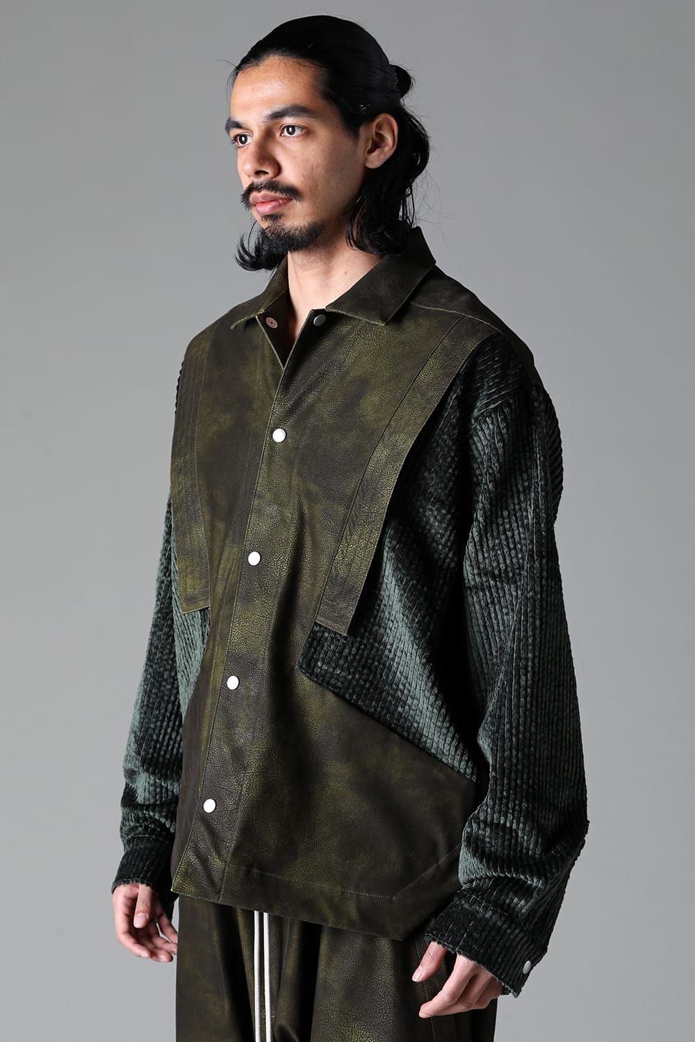 《2025AW先行予約》Synthetic Leather × Corduroy Switching Shirts"Black/Khaki" / シンセティックレザー×コーデュロイスウィッチングシャツ"ブラック/カーキ"