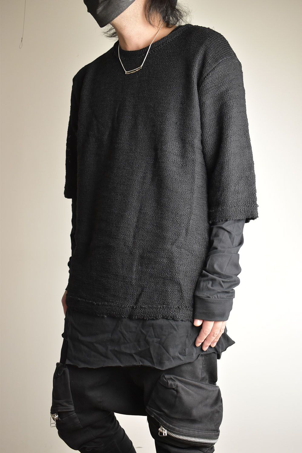 Low Gauge Knit and Cotton Jersey Layered T-Shirt "Black" / ローゲージニット×コットンジャージレイヤードTシャツ"ブラック"