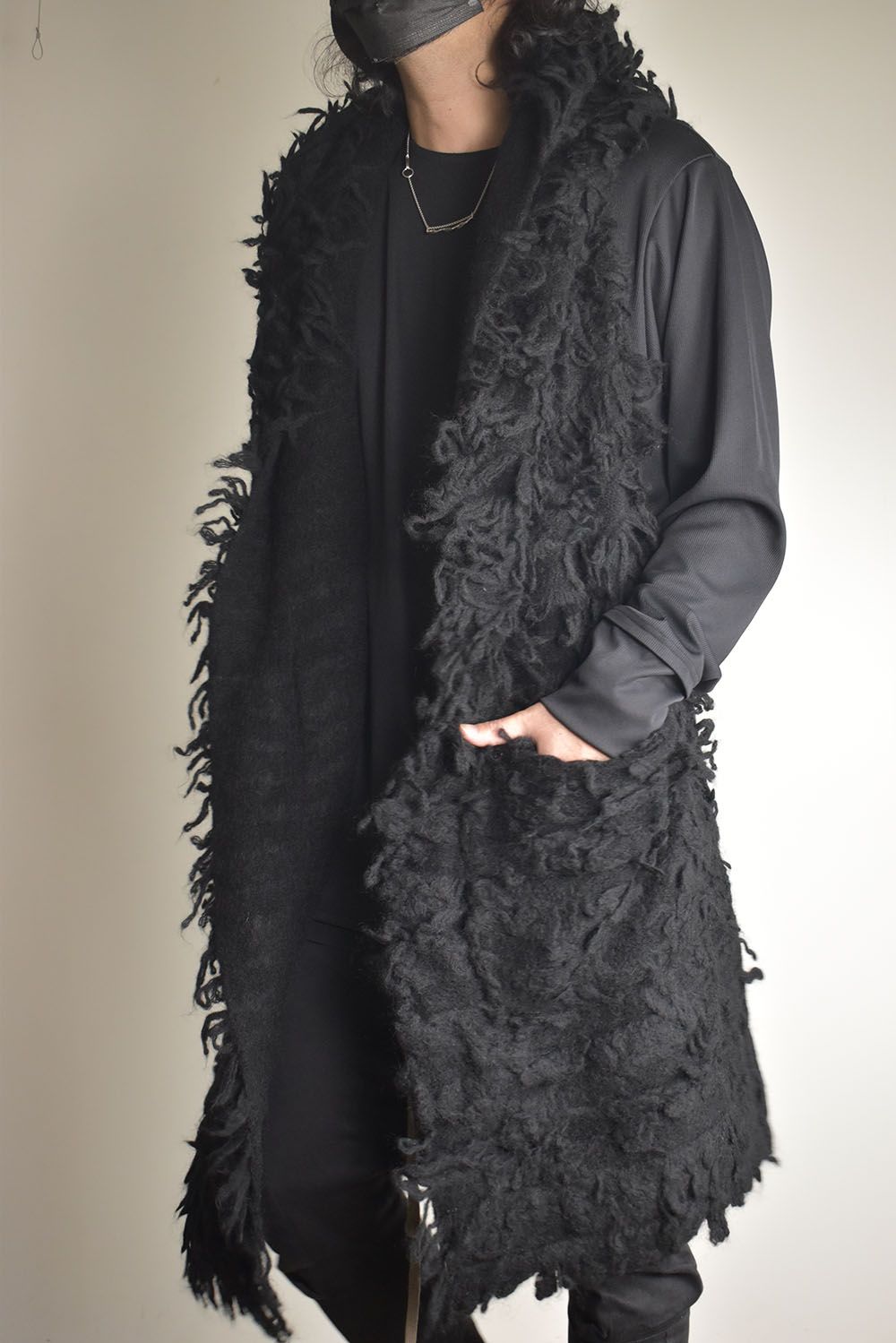 5GG Long Pile Knit Hoodie Stole"Black" / ロングパイルニットフーディストール"ブラック"
