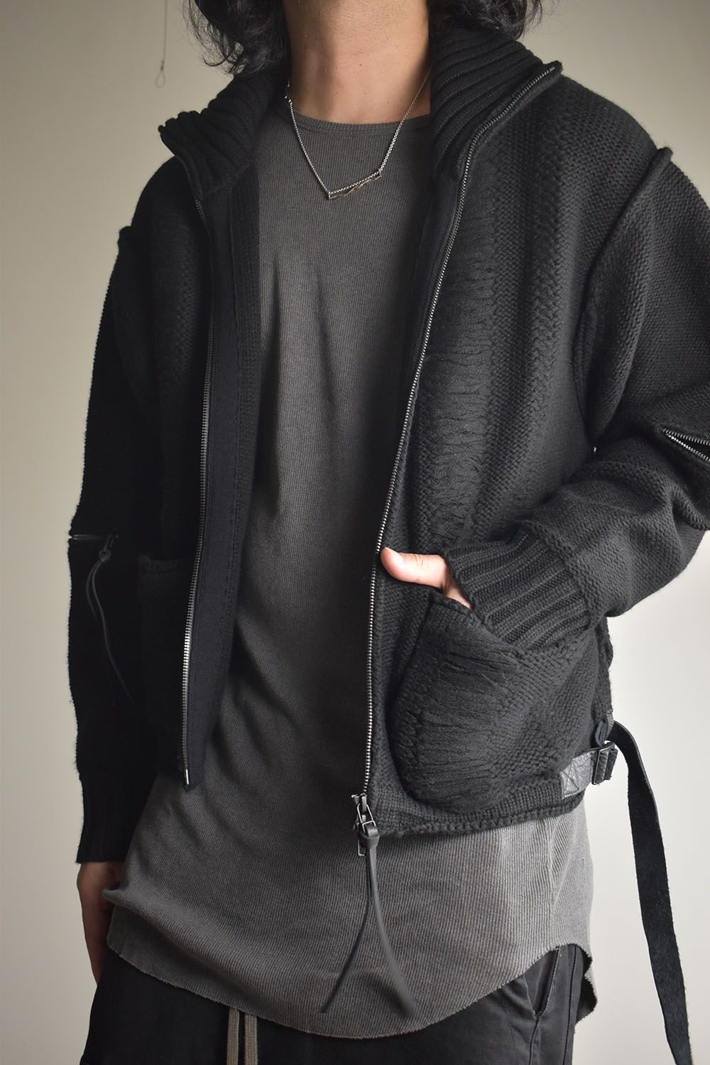 Damage Stripe Knit Cropped Jacket "Black" / ダメージストライプニットクロップドジャケット"ブラック"