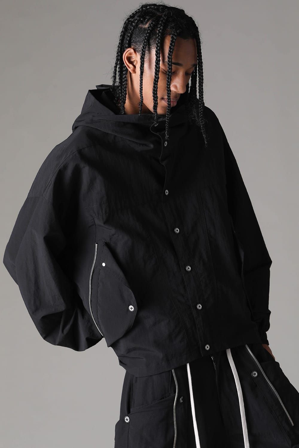 《2027SS先行予約》Rayon Nylon Hoodie Blouson "Black / Grey / L.Khaki" /レーヨンナイロンフーディブルゾン"ブラック/グレー/ライトカーキ"