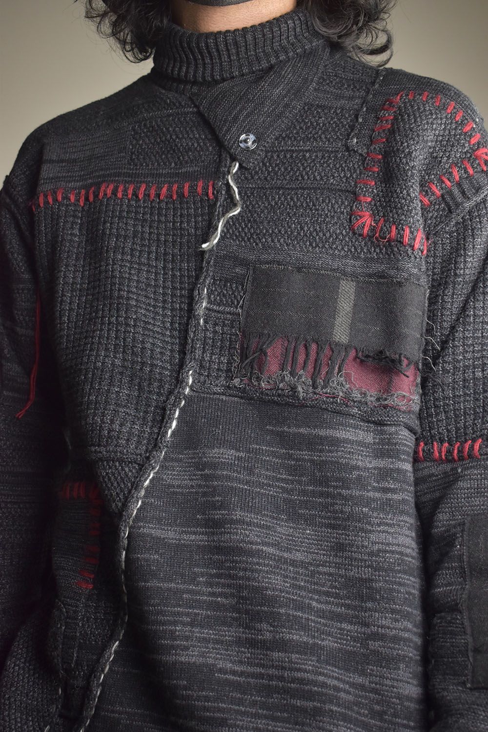 Cotton Cashmere Crust Patch Knit Pullover "Charcoal" / コットンカシミヤクラストパッチニットプルオーバー"チャコール"