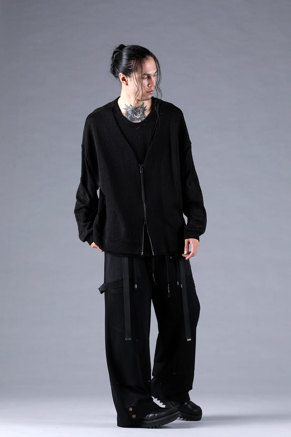 Cotton Low Gauge Knit Cardigan Layered Pullover"Black" / コットンローゲージニットカーディガンレイヤードプルオーバー"ブラック"