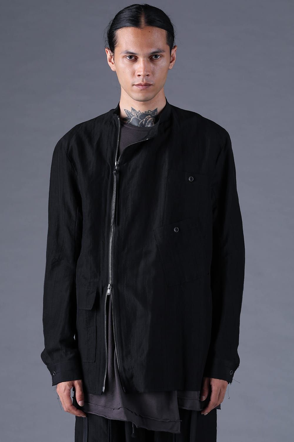 《2027SS先行予約分》Scarf-Stripe Jacquard Band-Collar Shirt"Black" / スカーストライプジャガードバンドカラーシャツ "ブラック"