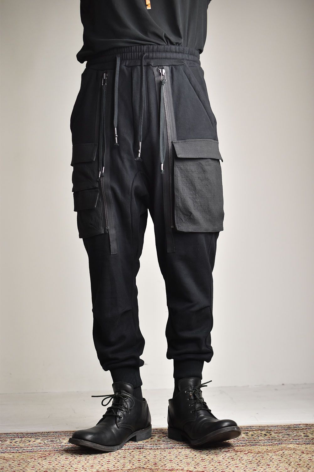 Non-ply Yarn Lined Drop Crotch Cargo Wide Jogger Pants"Black"/無撚糸裏毛ドロップクロッチカーゴワイドジョガーパンツ"ブラック"