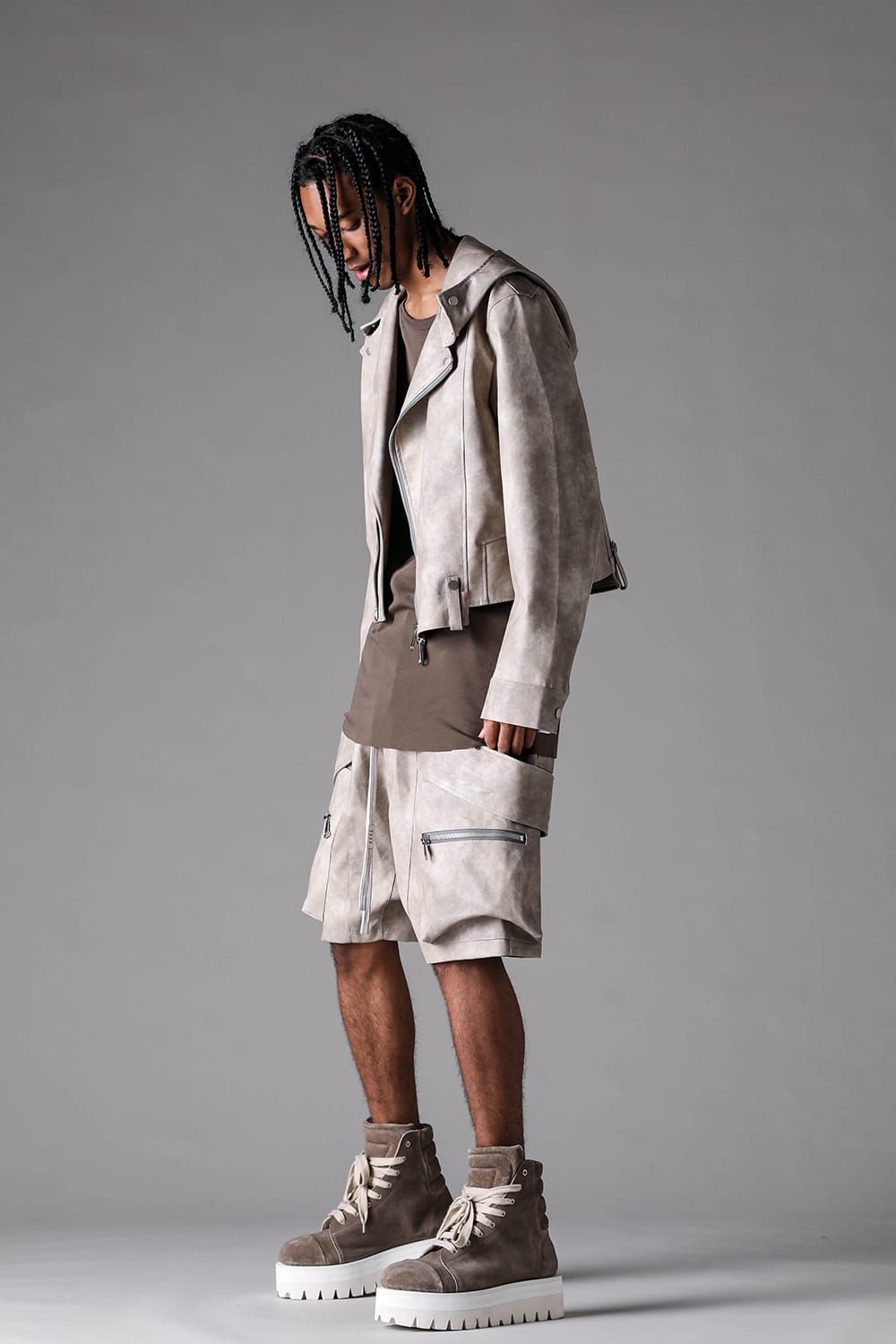 《2027SS先行予約》Vegan Leather Hoodei Double Riders "L.Beige" / ヴィーガンレザーフーディダブルライダース"ライトベージュ"