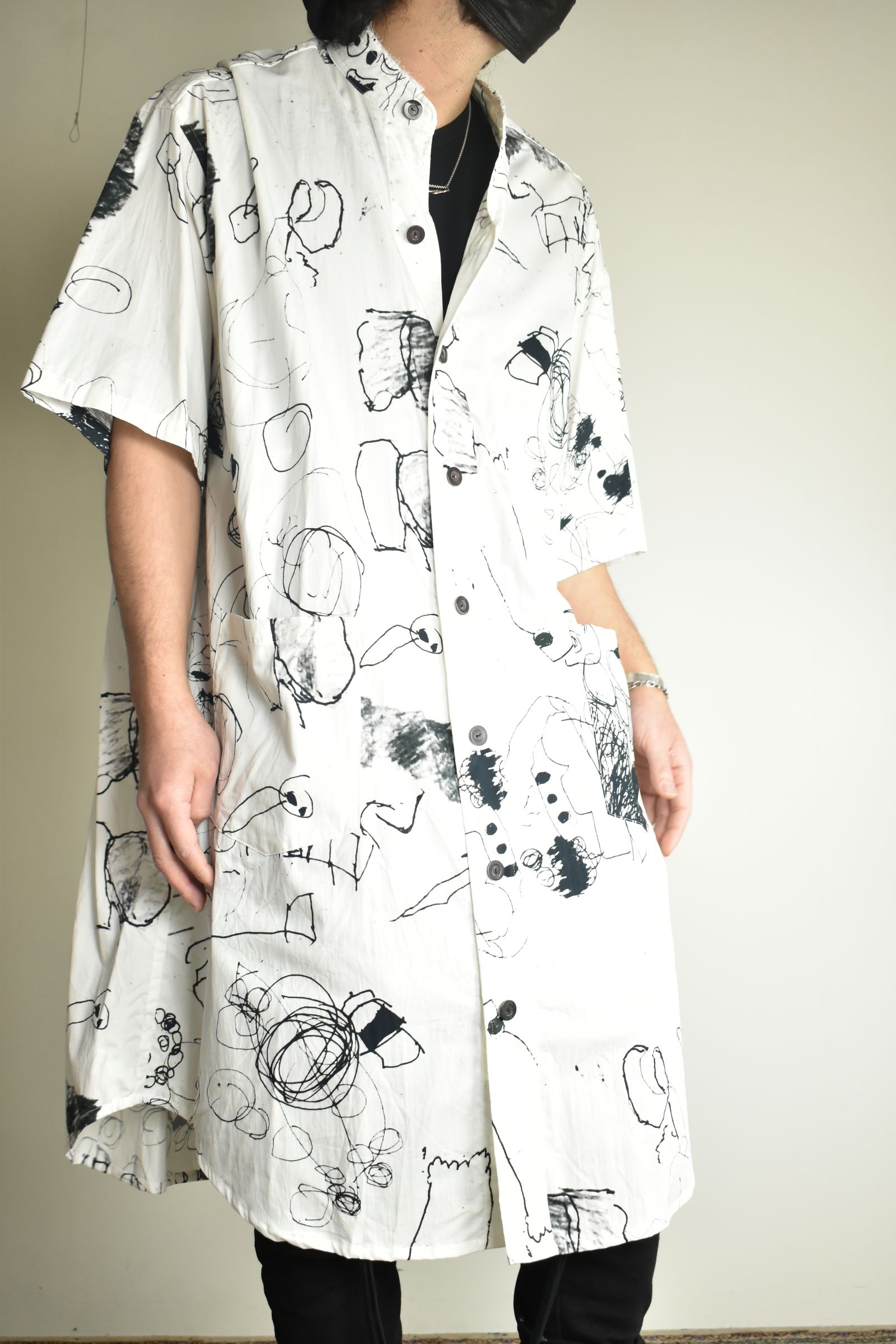 Cotton Twill Ink Jet Short-Sleeved Big Shirt&Dress"White Black" / コットンツイルインクジェット半袖ビッグシャツ / ワンピース"ホワイト ブラック"