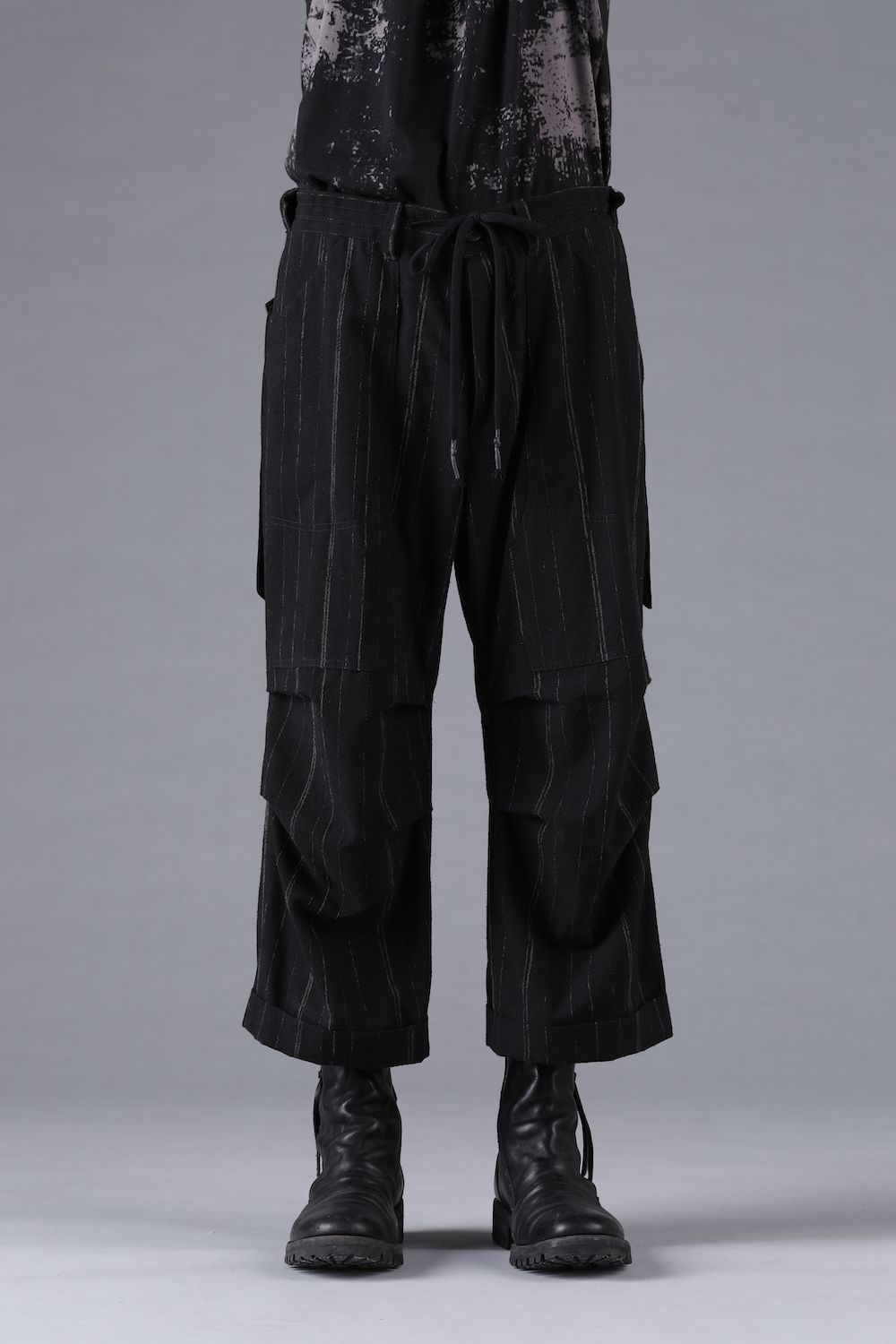 Faded Random Stripe Wide Cropped Pants"Black" / フェードランダムストライプワイドクロップドパンツ"ブラック"