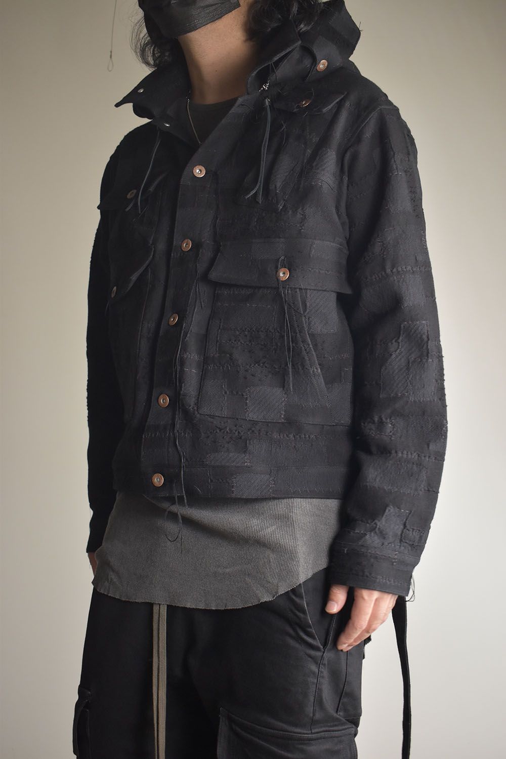Crust Patchwork Jacquard Hood Attached Jacket "Black" / クラストパッチワークジャガードフードアタッチドジャケット"ブラック"