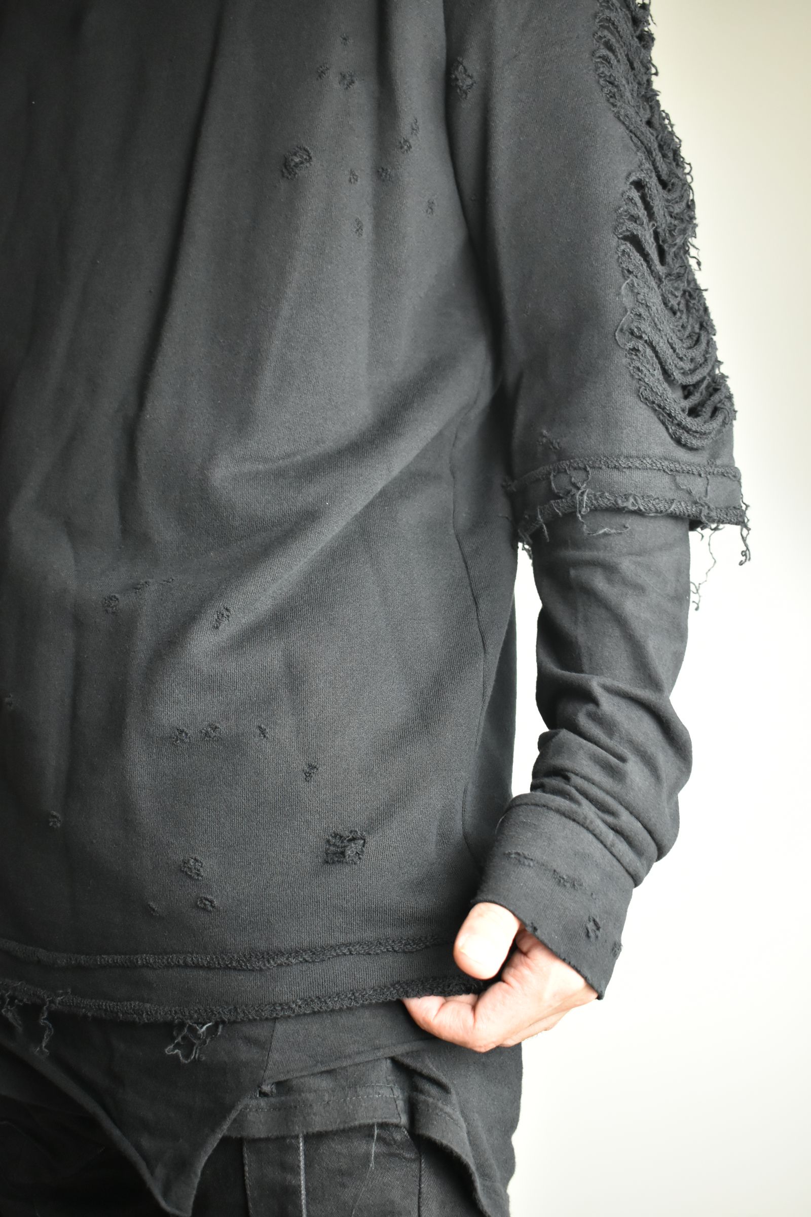 Sweat Shotgun Damage Layered Tee"Black" / 裏毛ショットガンダメージレイヤードTee"ブラック"